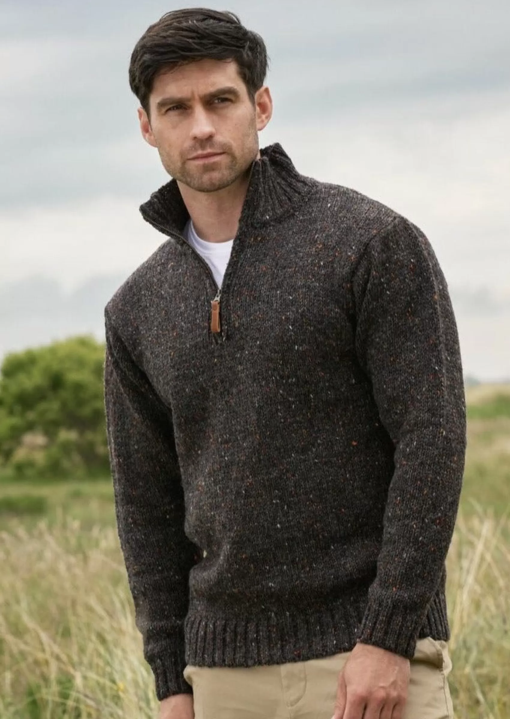 Aran Sweaters^Aran Crafts Donegal Wool Mens Half Zip Sweater | Graphite