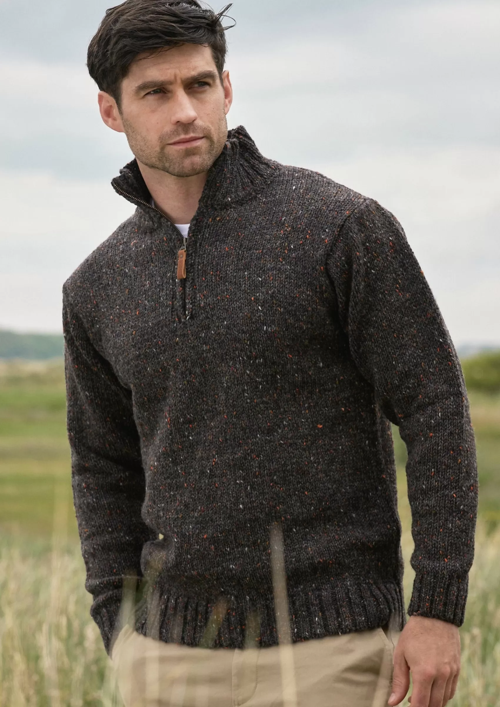 Aran Sweaters^Aran Crafts Donegal Wool Mens Half Zip Sweater | Graphite