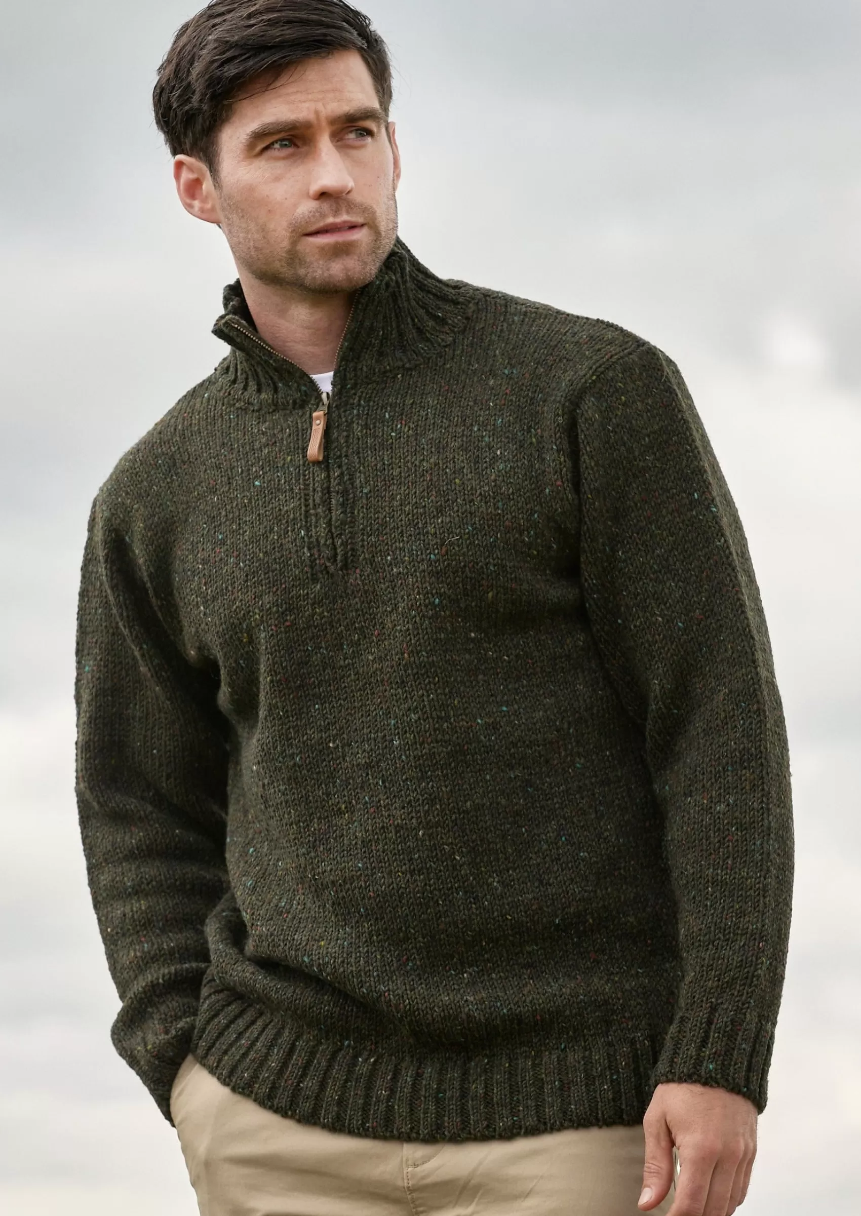 Aran Sweaters^Aran Crafts Donegal Wool Mens Half Zip Sweater | Green