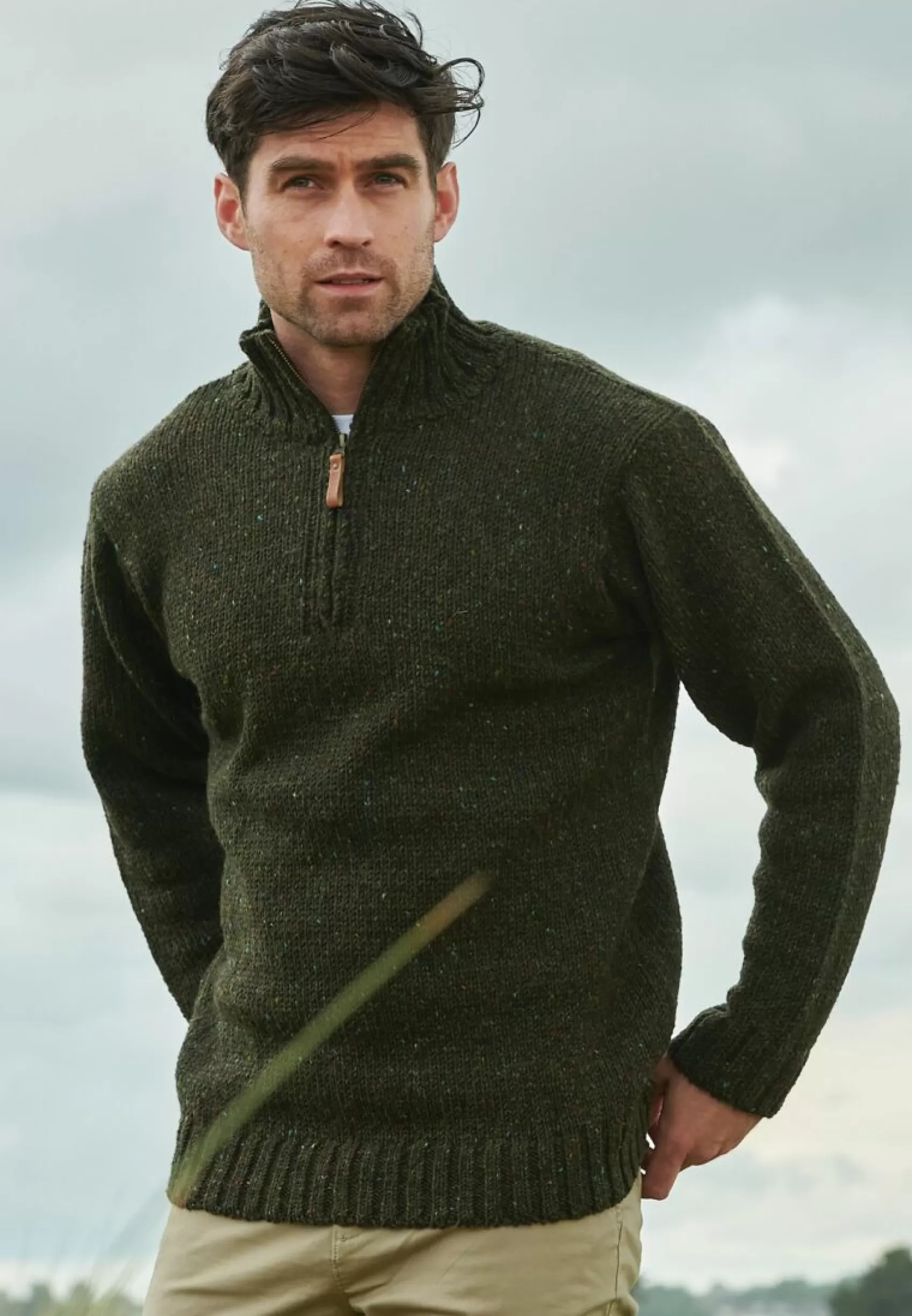 Aran Sweaters^Aran Crafts Donegal Wool Mens Half Zip Sweater | Green