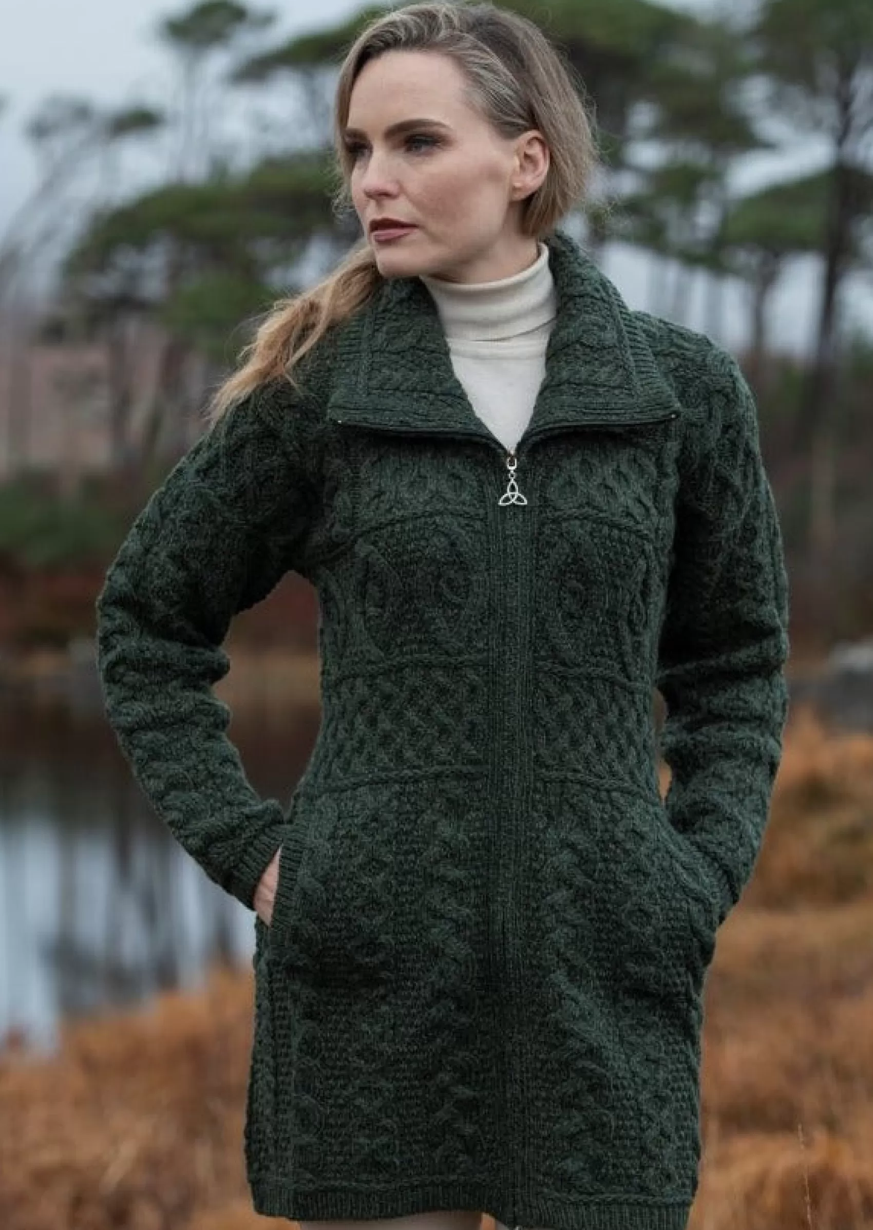 Aran Sweaters | Aran Cardigans^Aran Crafts Double Collar Aran Sweater Coat | Green