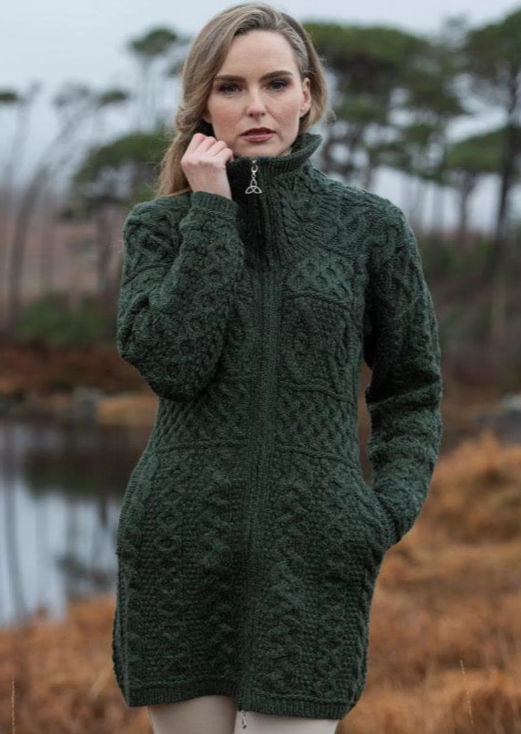 Aran Sweaters | Aran Cardigans^Aran Crafts Double Collar Aran Sweater Coat | Green