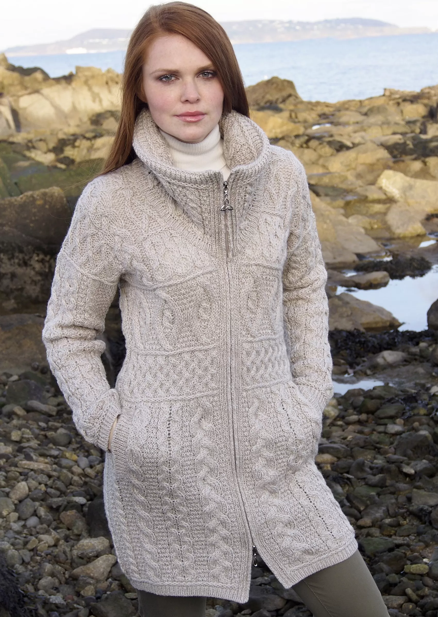 Aran Sweaters | Aran Cardigans^Aran Crafts Double Collar Aran Sweater Coat | Oatmeal