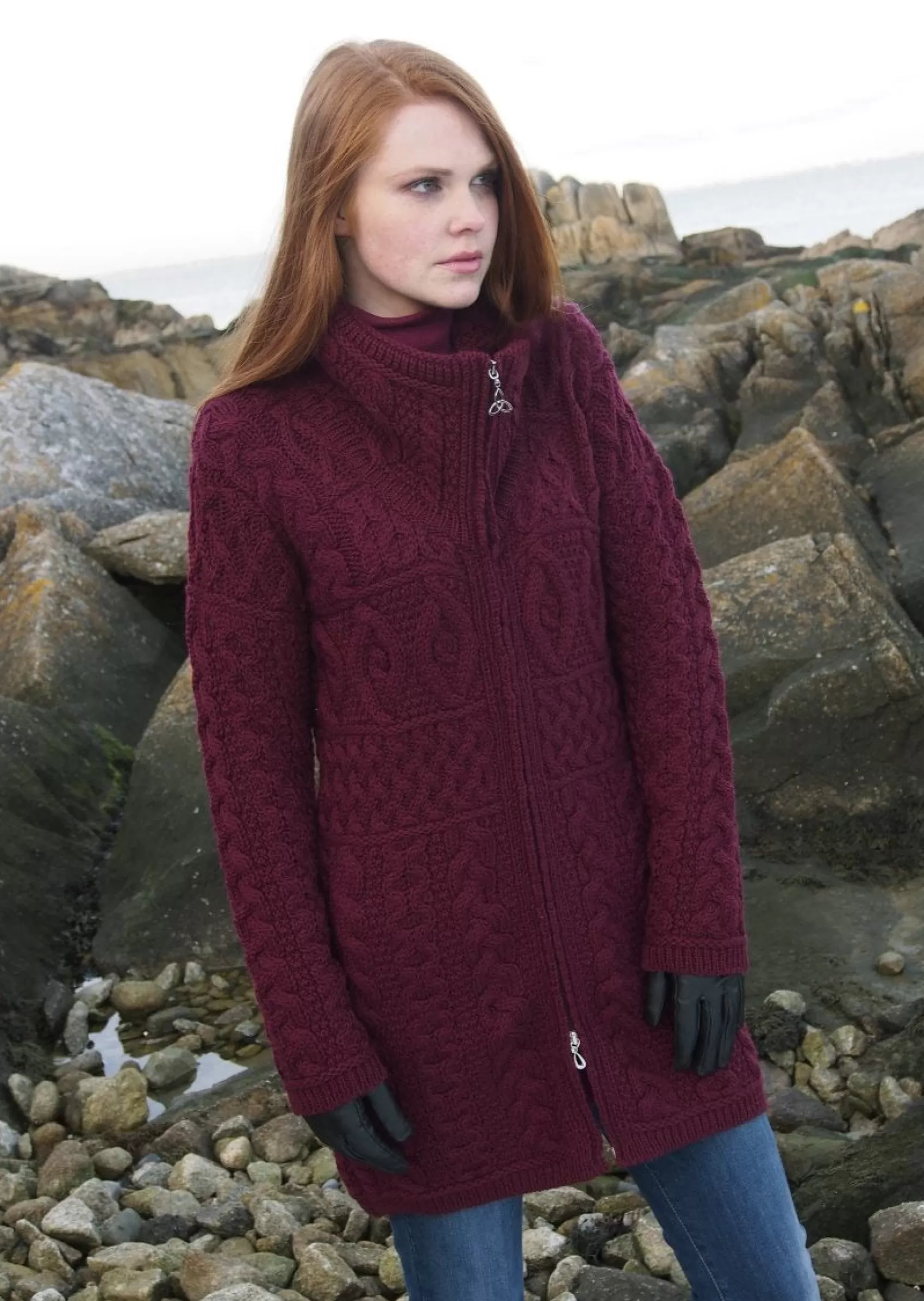 Aran Sweaters | Aran Cardigans^Aran Crafts Double Collar Aran Sweater Coat | Wine