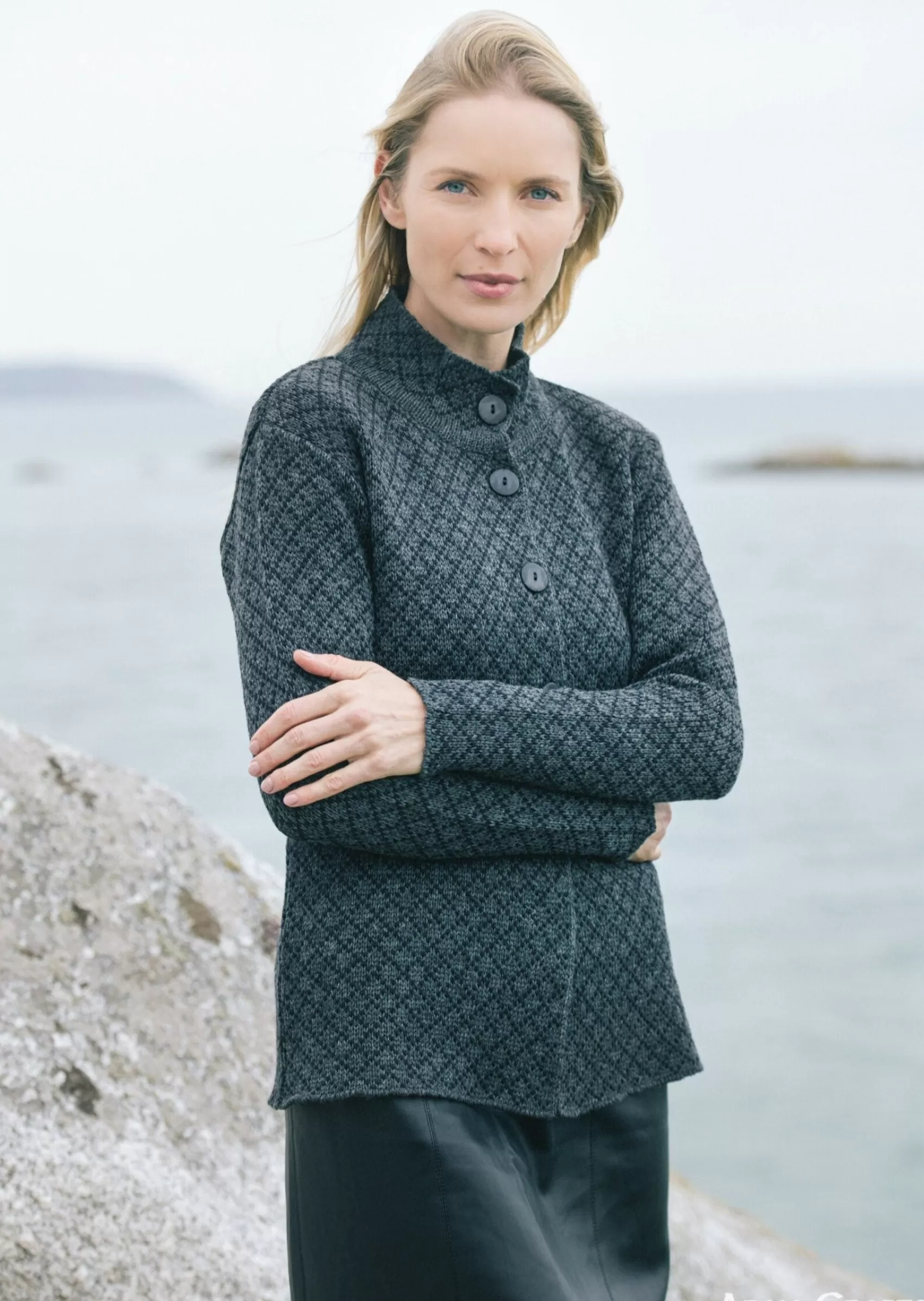 Aran Sweaters | Aran Cardigans^Aran Crafts Foxford Chequered Merino Aran Jacket | Charcoal