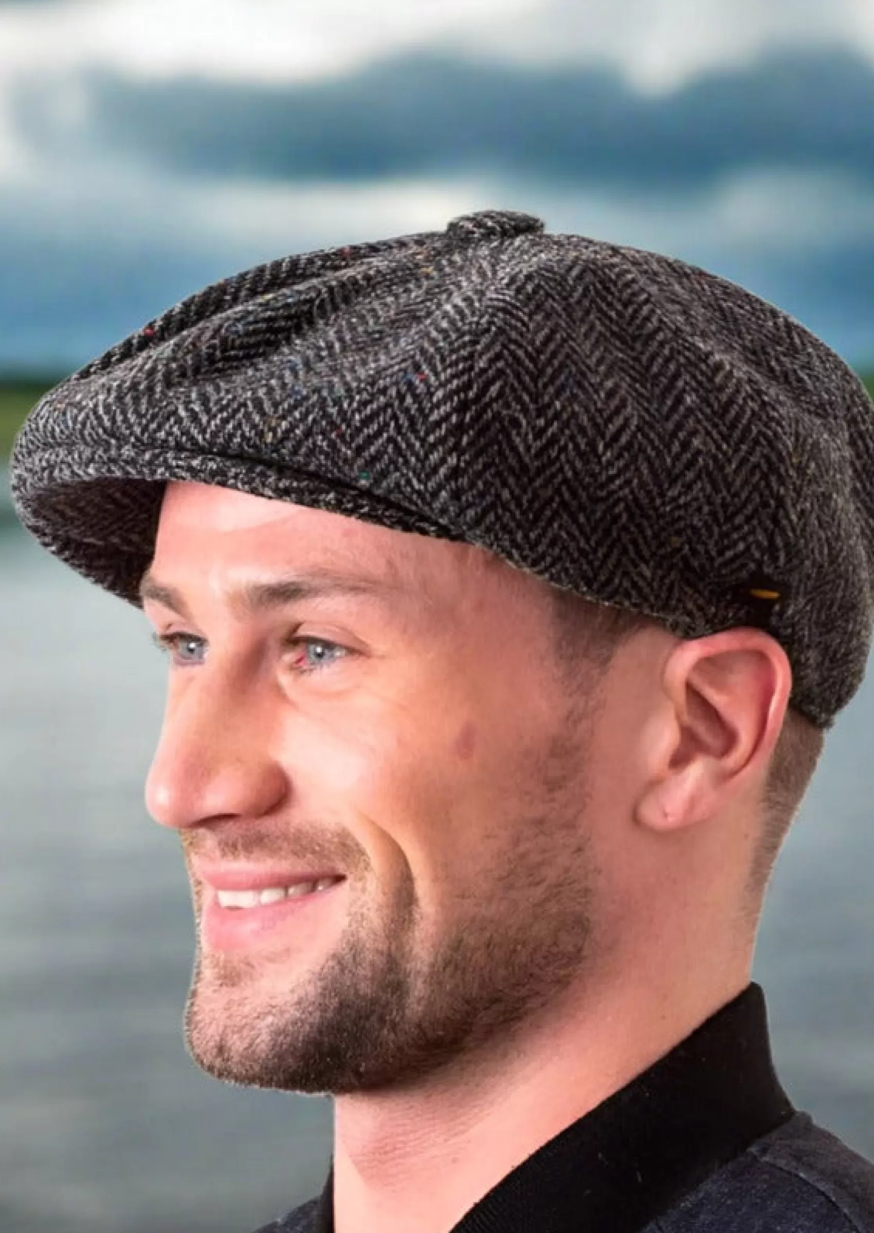 Traditional Hats^Hatman of Ireland Gatsby Donegal Tweed Charcoal Flat Cap