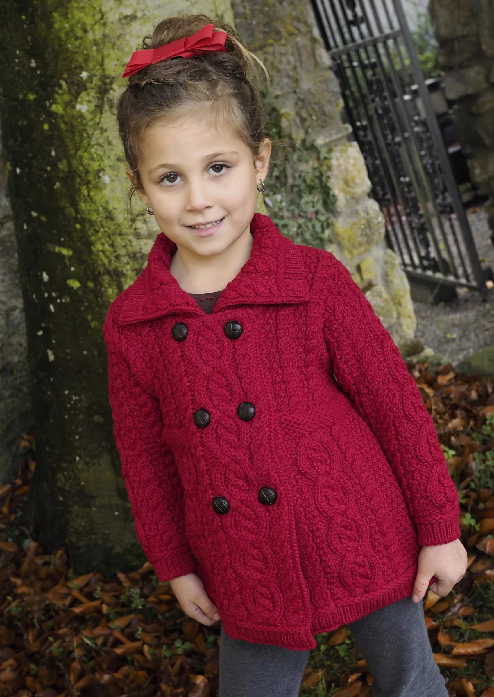 Kids^Aran Crafts Girls Aran Double Breasted Coat | Red