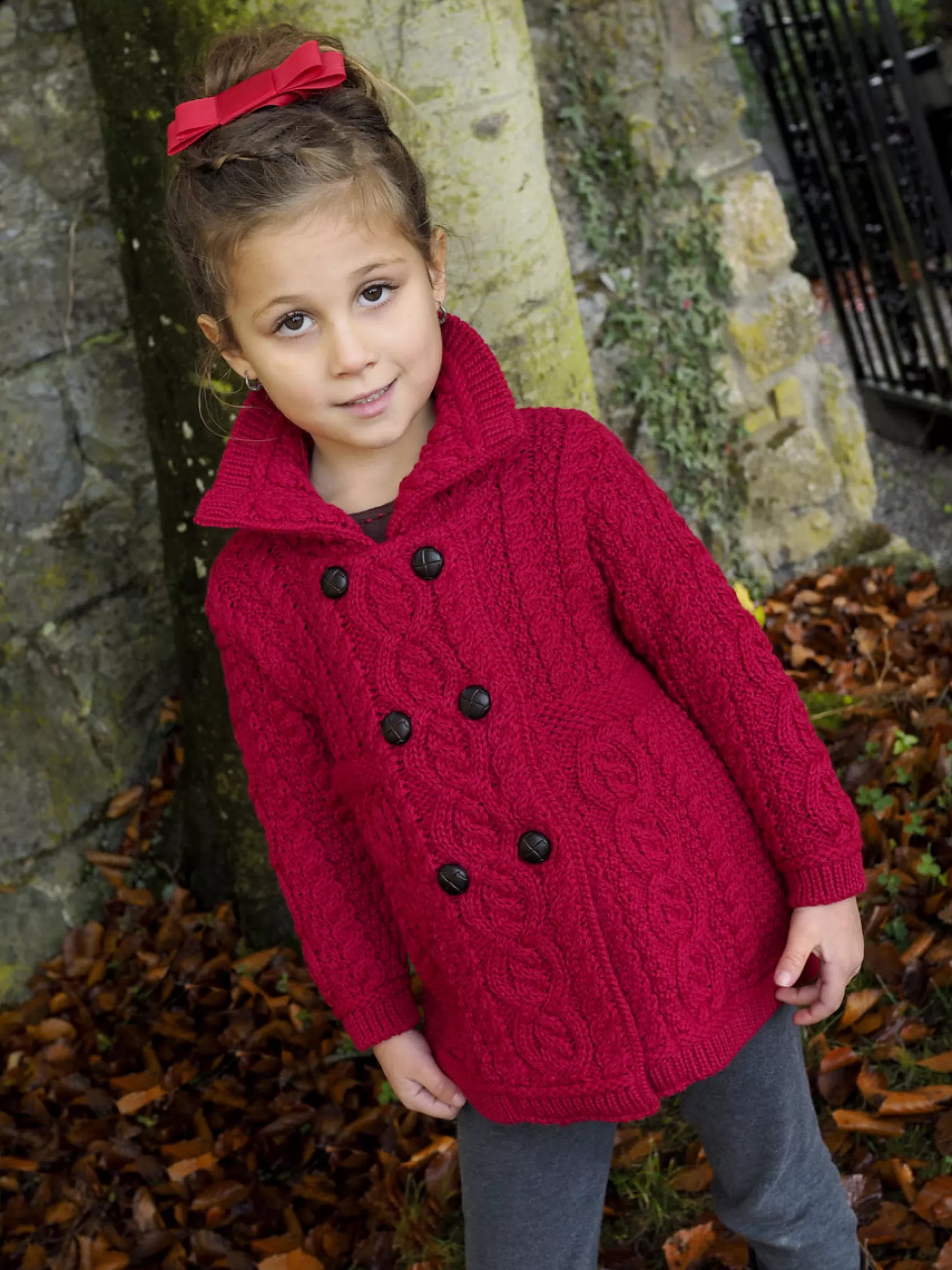 Kids^Aran Crafts Girls Aran Double Breasted Coat | Red