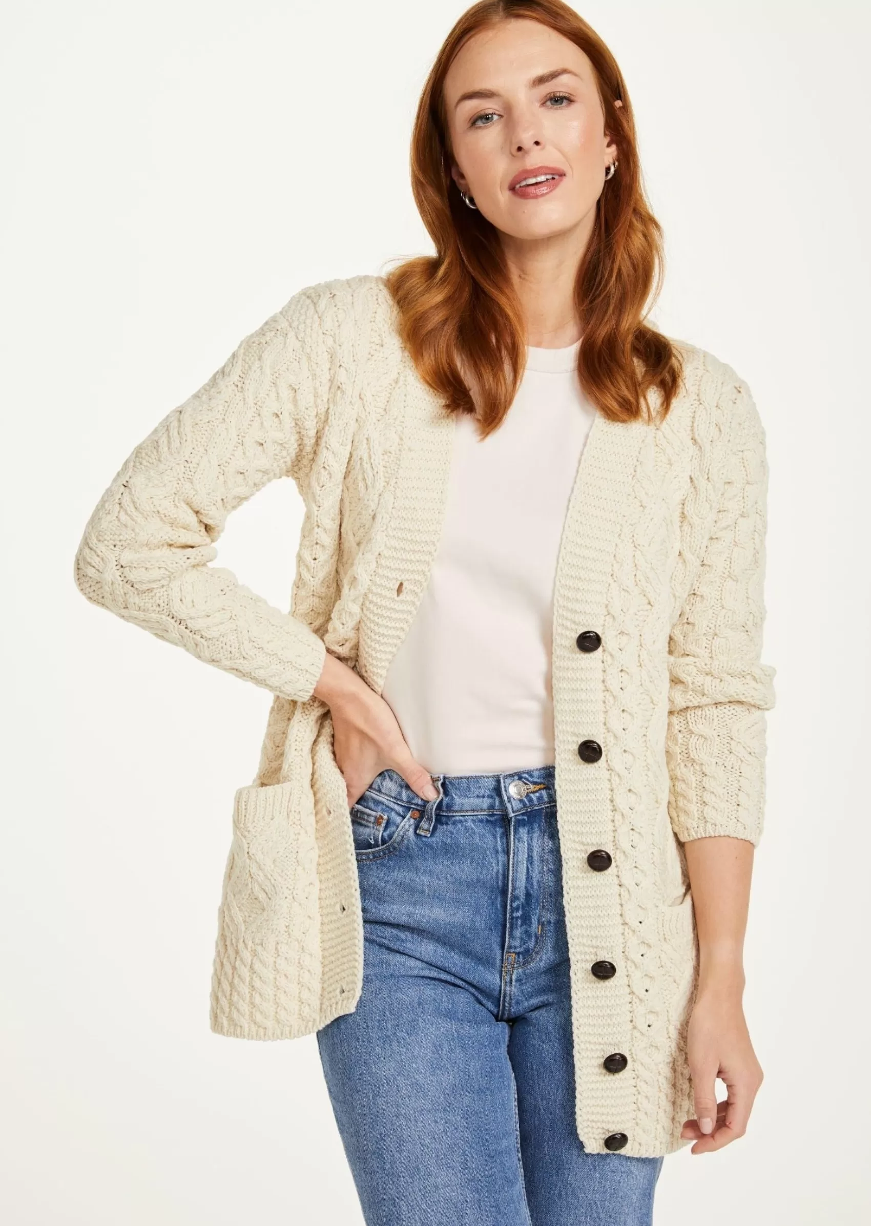 Aran Sweaters | Aran Cardigans^Aran Woollen Mills Glebe Aran Long Line Cardigan | Natural