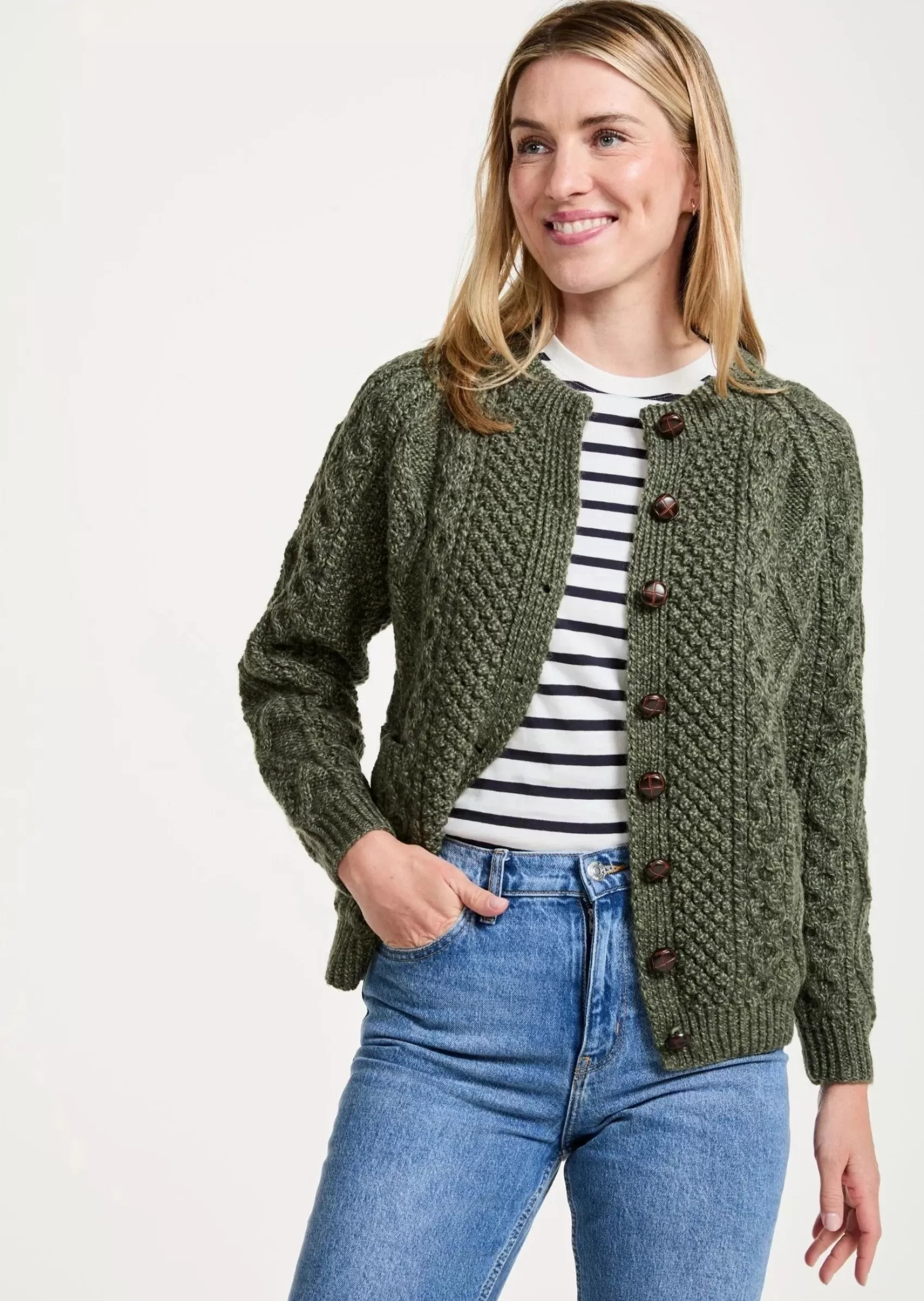 Aran Sweaters | Aran Cardigans^Aran Woollen Mills Handknit Aran Lumber Cardigan | Green