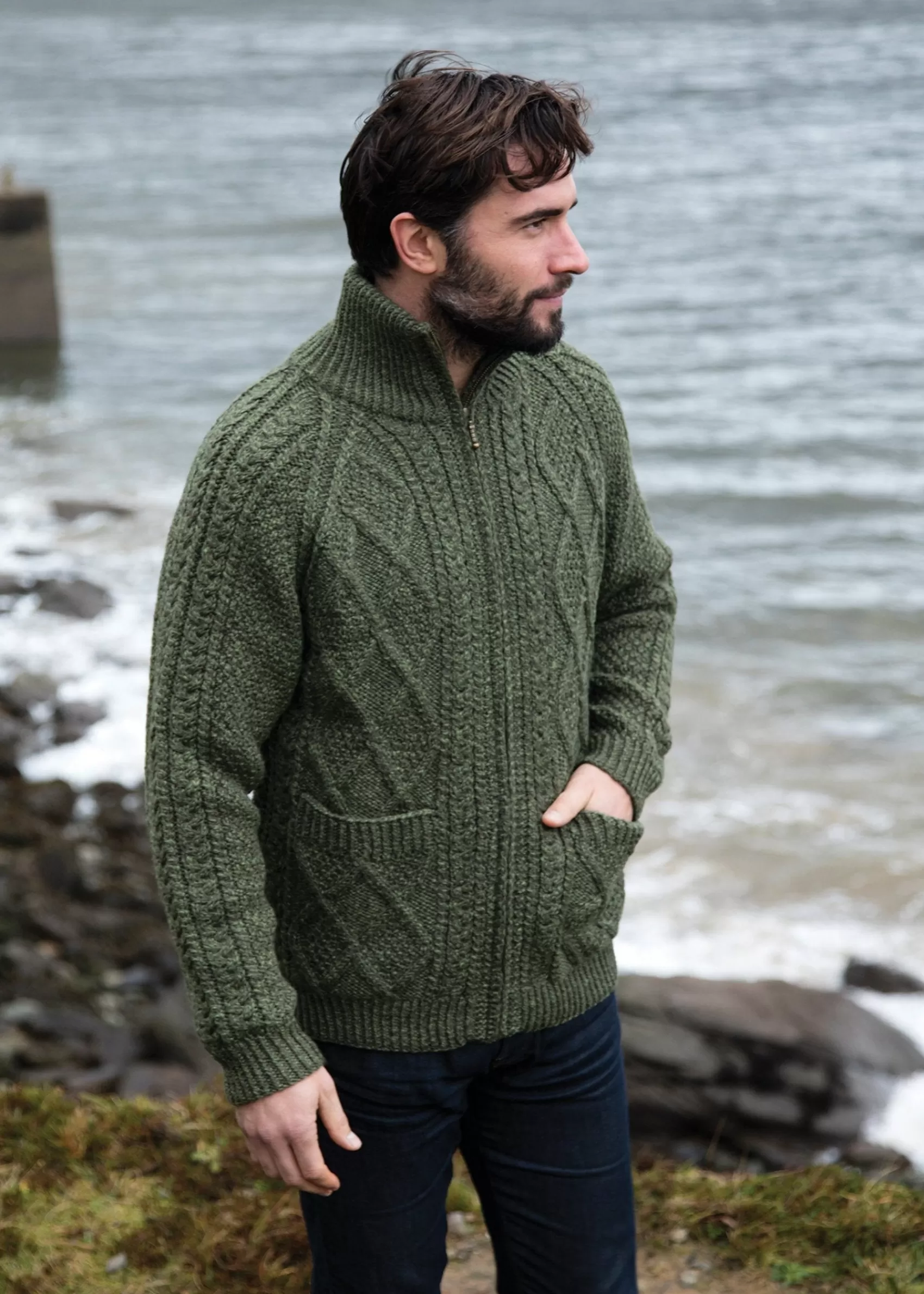 Aran Sweaters | Aran Cardigans^Aran Woollen Mills Handknit Men's Aran Cardigan | Green