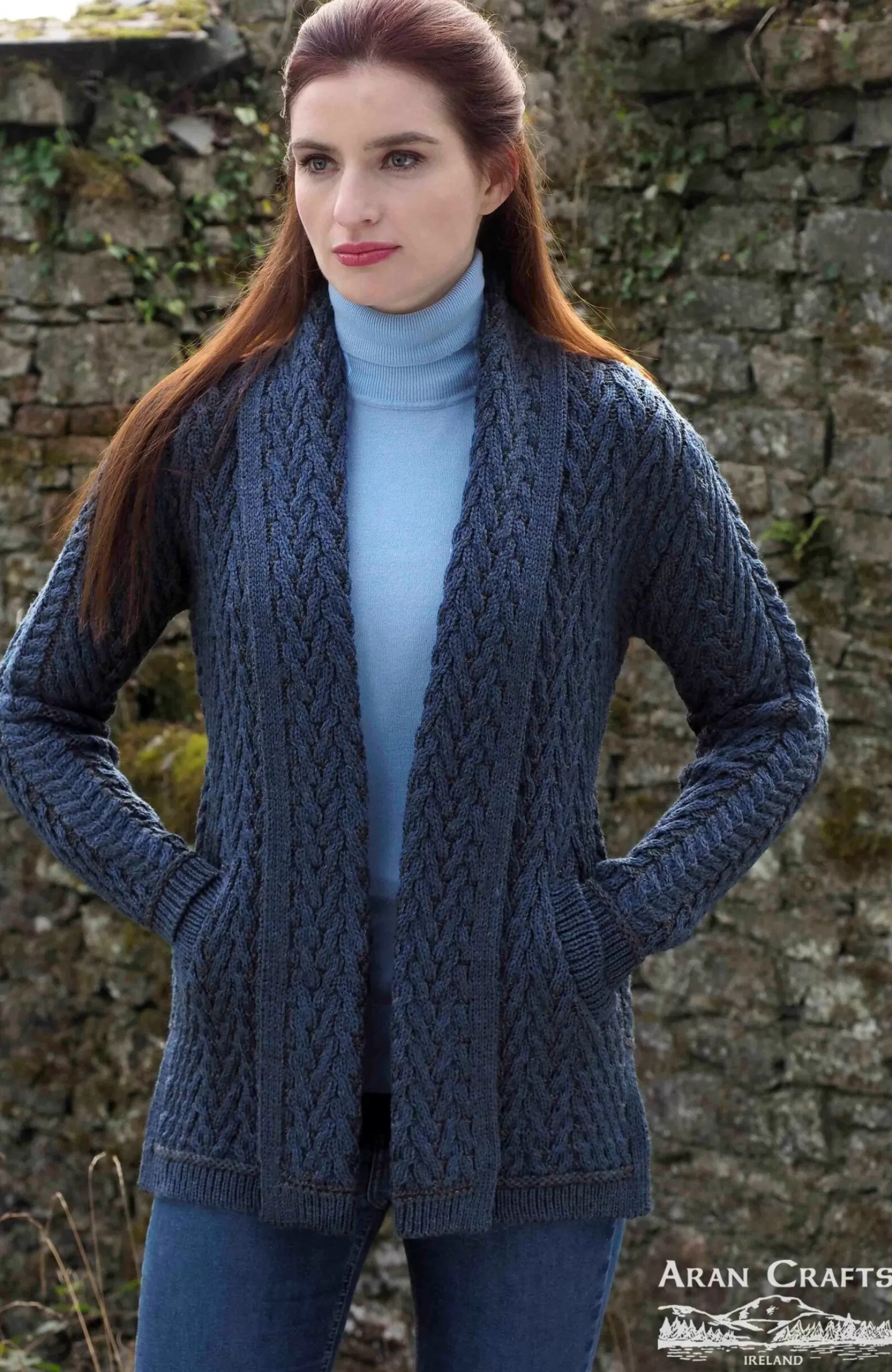 Aran Sweaters | Aran Cardigans^Aran Crafts Herringbone Edge to Edge Aran Cardigan | Mallard