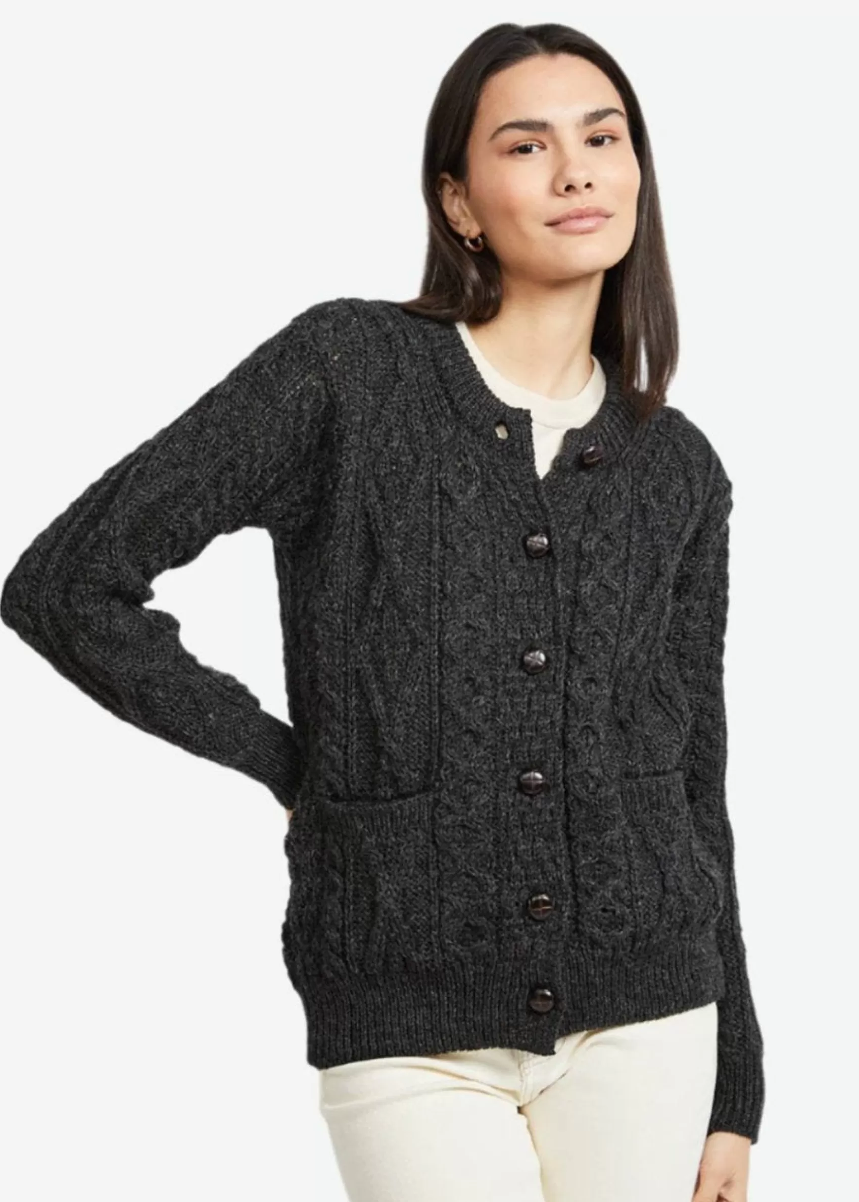 Aran Sweaters | Aran Cardigans^Aran Woollen Mills Inagh Ladies Aran Cardigan | Charcoal