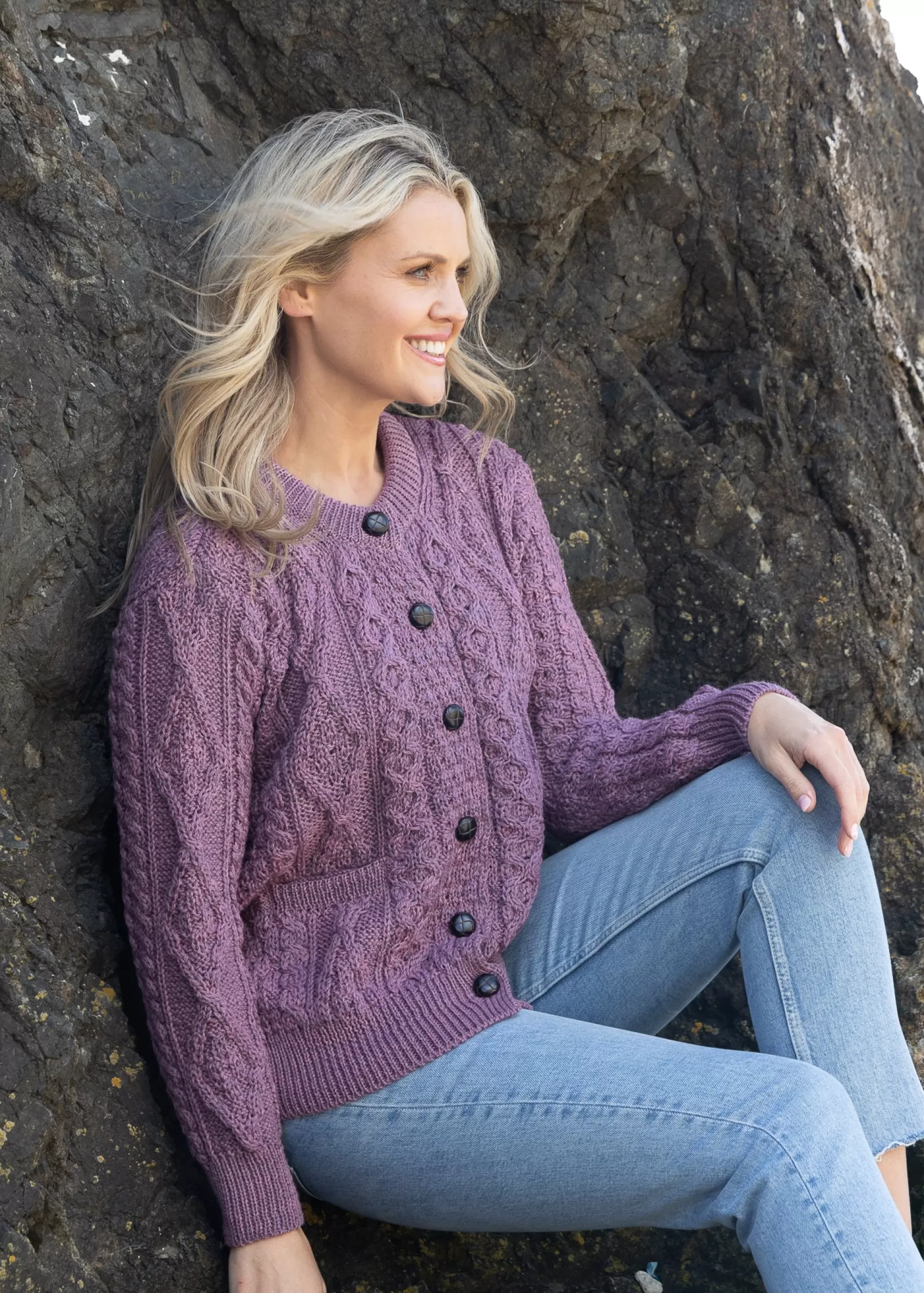 Aran Sweaters | Aran Cardigans^Aran Woollen Mills Inagh Ladies Aran Cardigan | Lupin