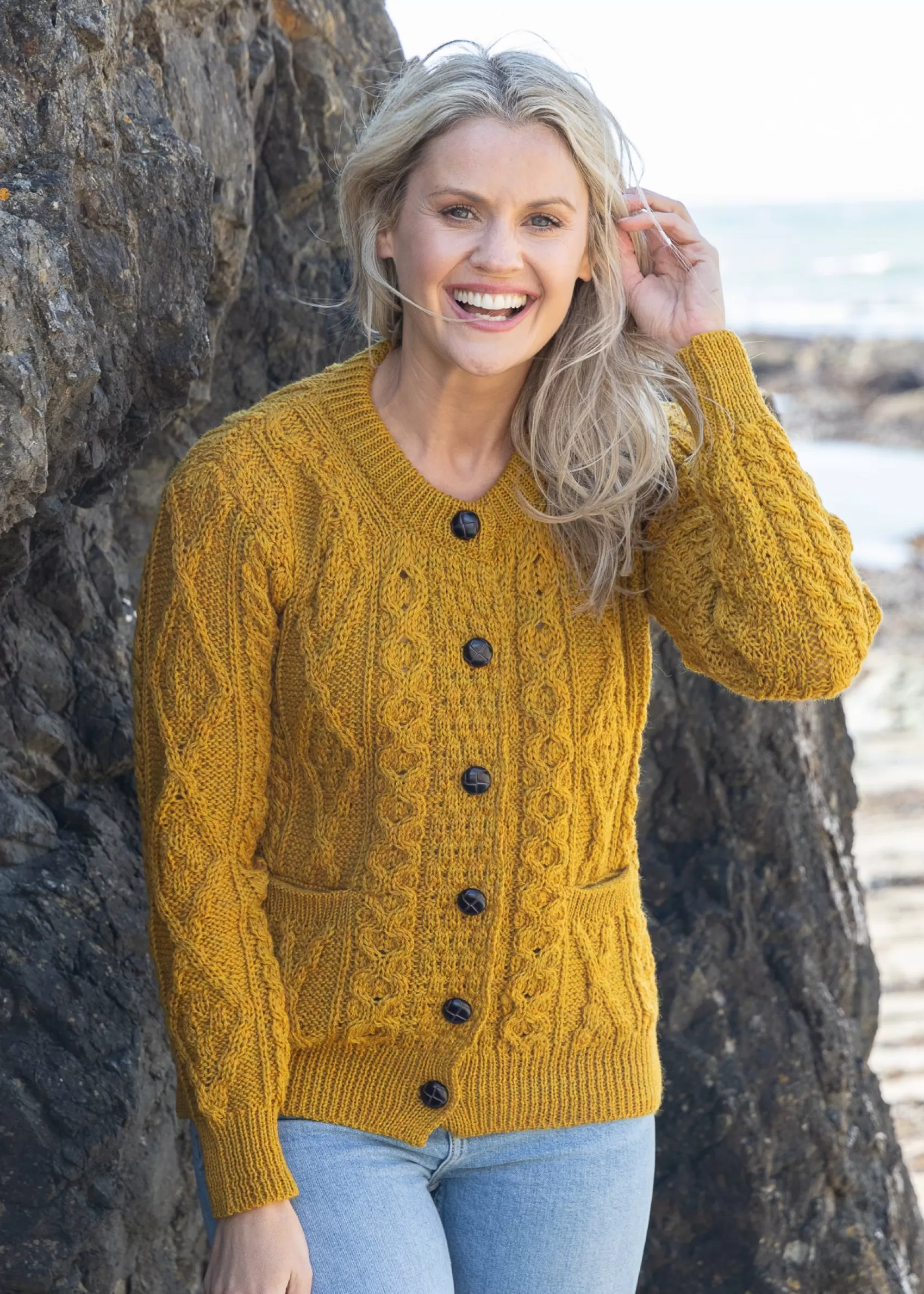 Aran Sweaters | Aran Cardigans^Aran Woollen Mills Inagh Ladies Aran Cardigan | Mustard