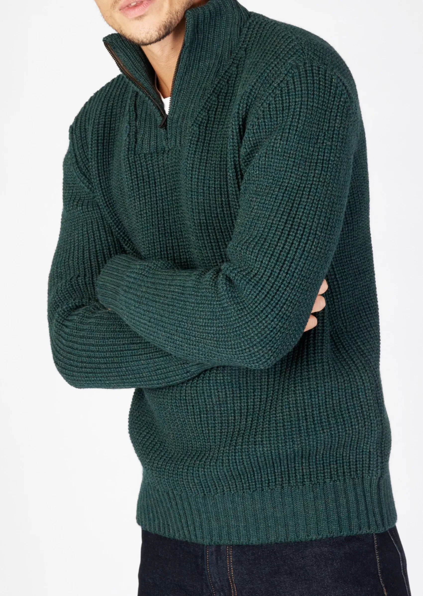 Aran Sweaters^Irelands Eye Knitwear IrelandsEye Men's Ribbed Zip Neck Sweater | Green