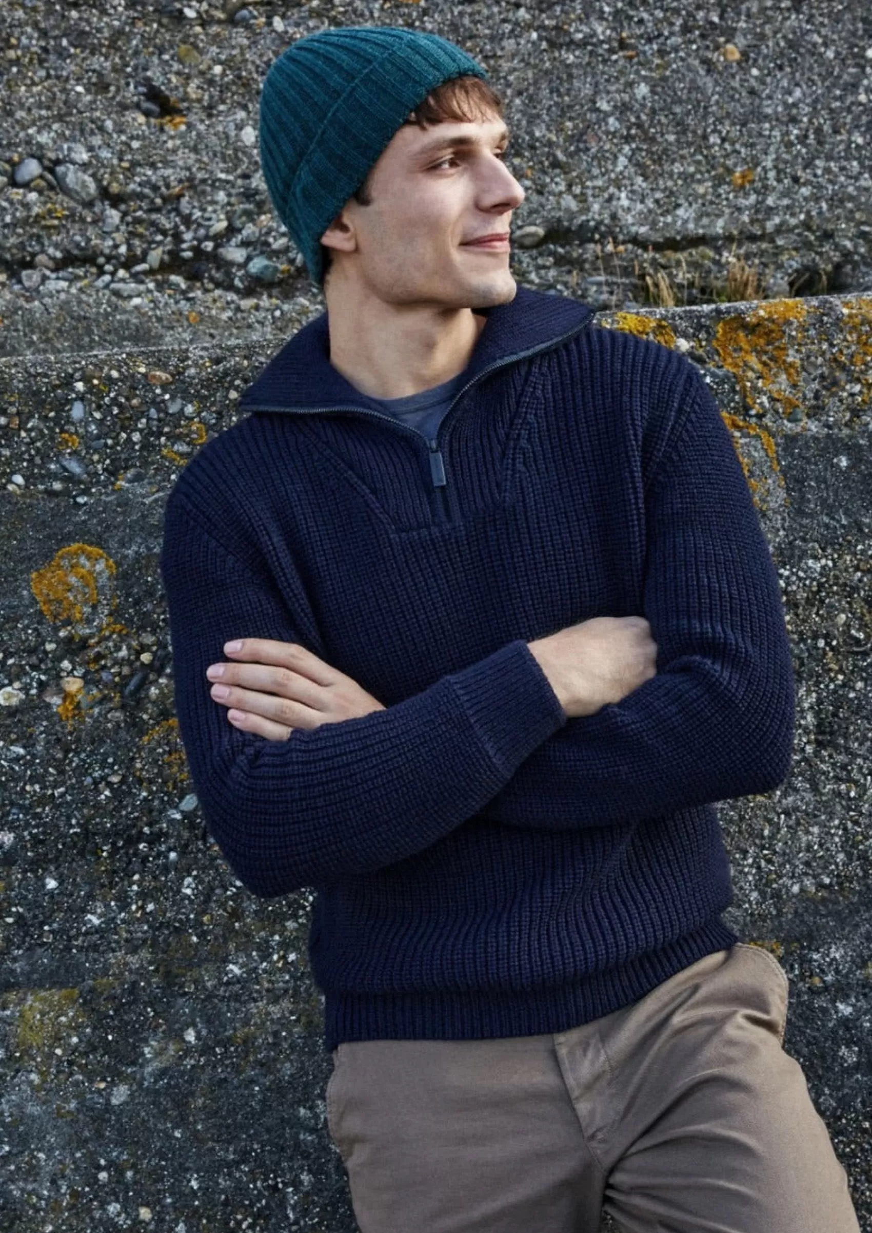 Aran Sweaters^Irelands Eye Knitwear IrelandsEye Men's Ribbed Zip Neck Sweater | Navy