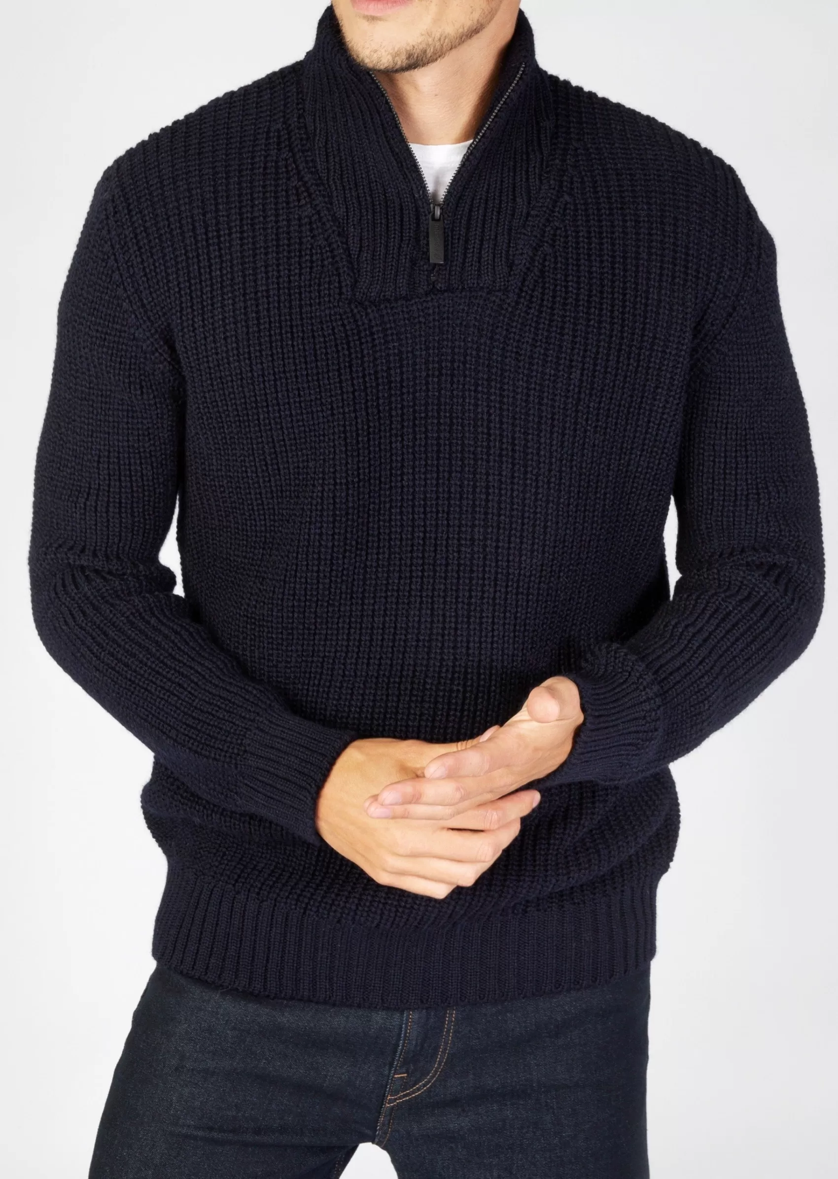 Aran Sweaters^Irelands Eye Knitwear IrelandsEye Men's Ribbed Zip Neck Sweater | Navy