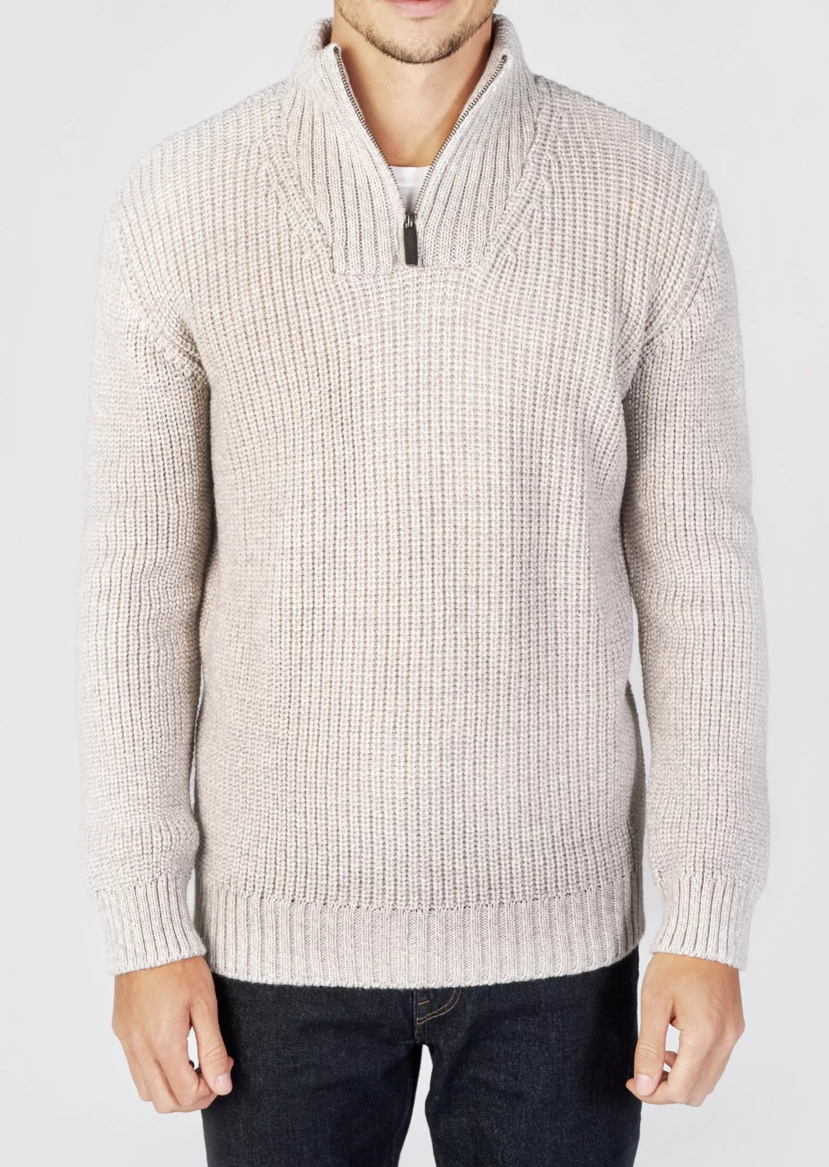 Aran Sweaters^Irelands Eye Knitwear IrelandsEye Men's Ribbed Zip Neck Sweater | Silver Marl