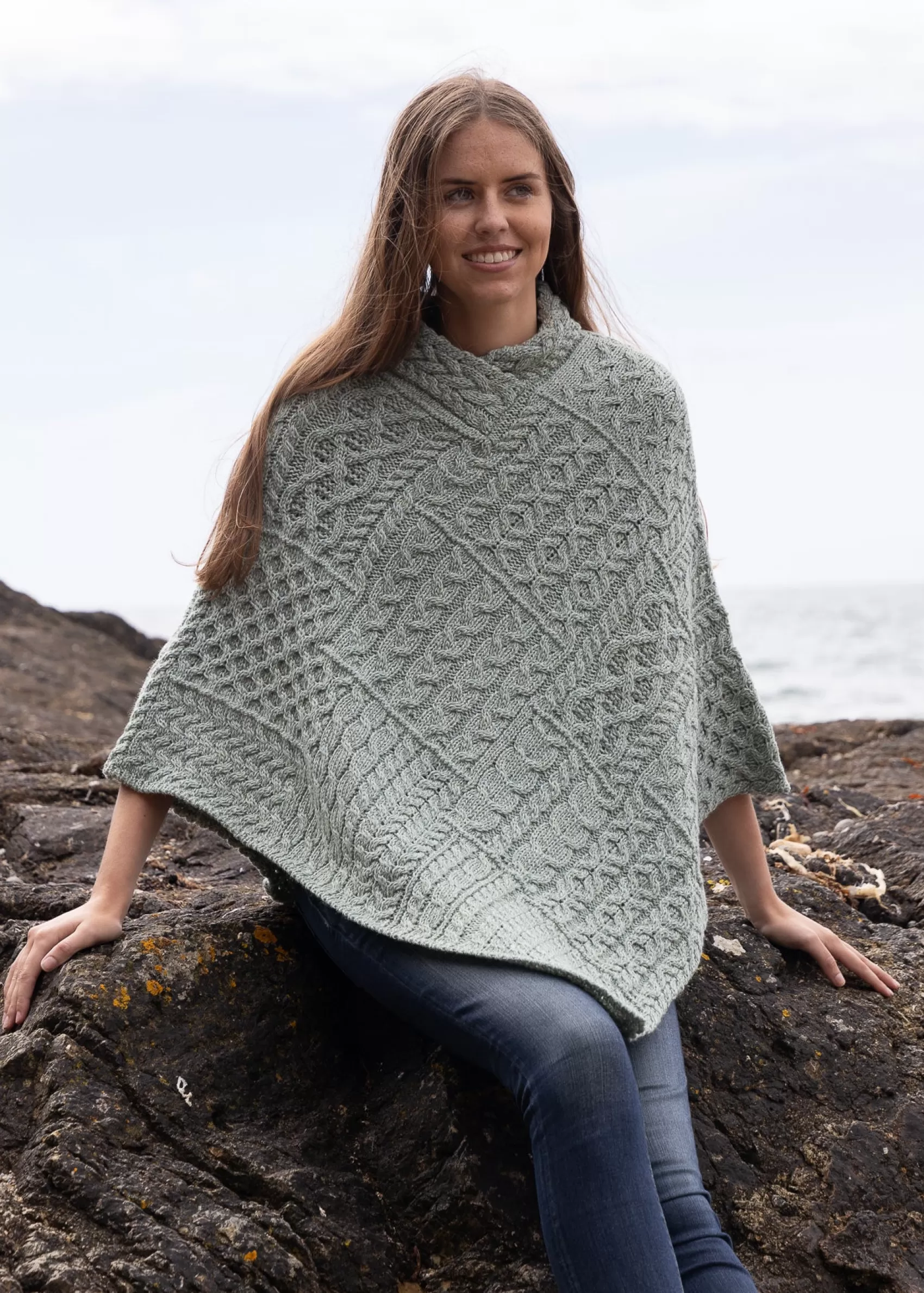 Aran Sweaters | Ponchos / Capes / Shawls^Irelands Eye Knitwear IrelandsEye Poncho | Sage Marl