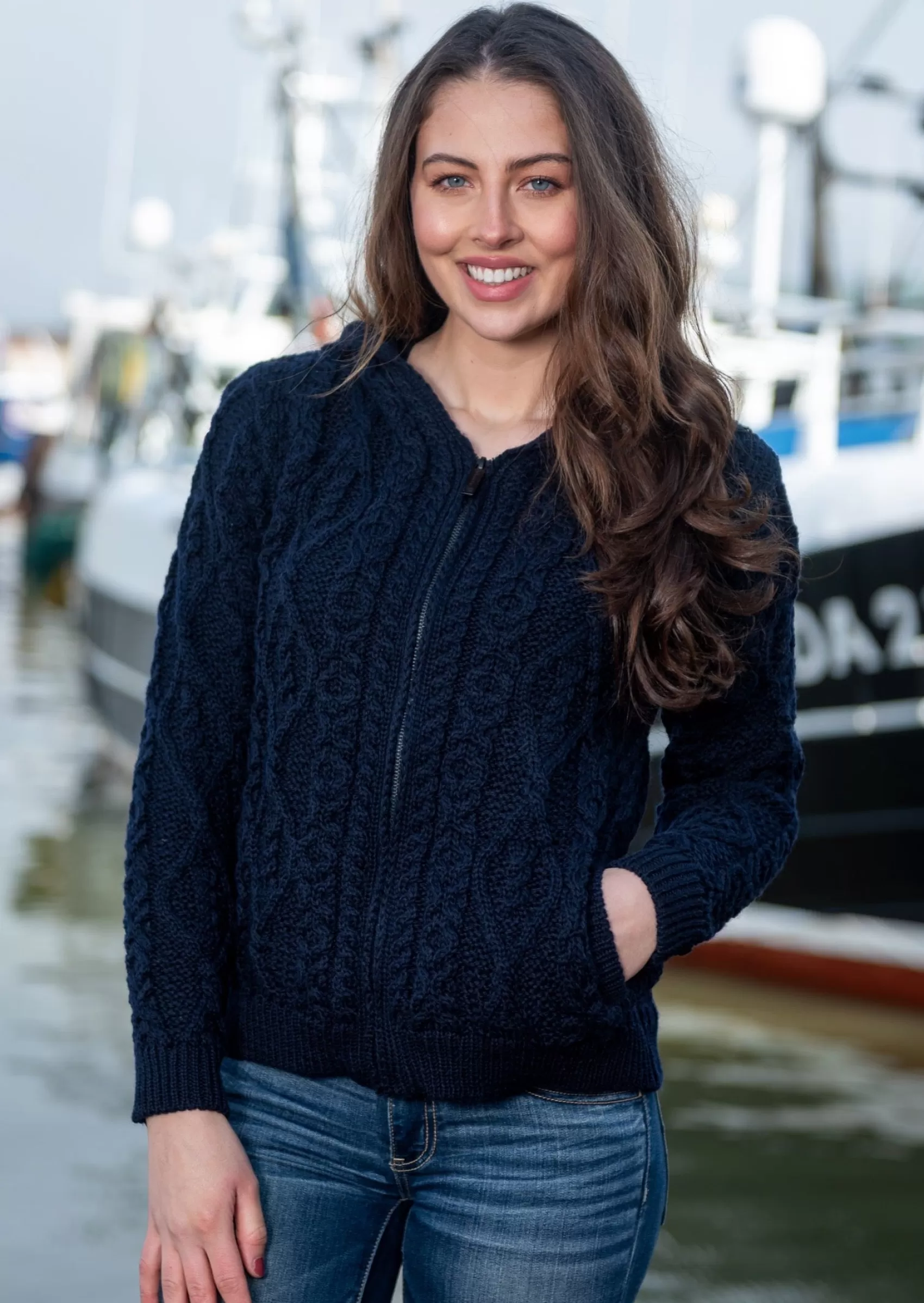 Aran Sweaters | Aran Cardigans^Irelands Eye Knitwear IrelandsEye Women's Aran Hooded Cardigan | Navy