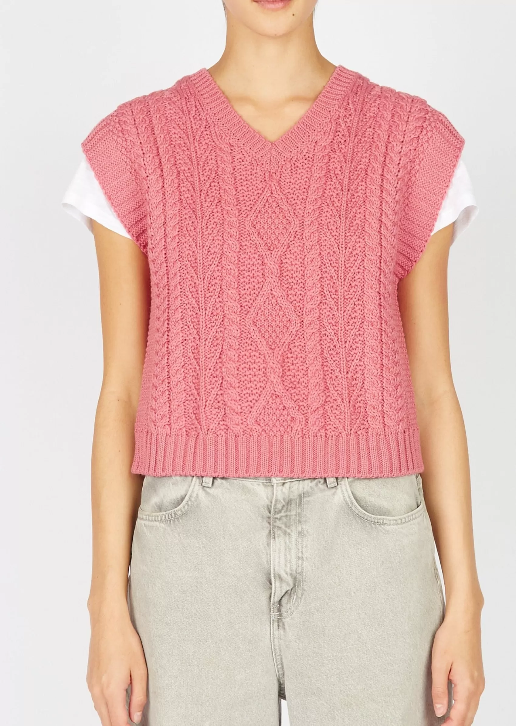 Aran Sweaters^Irelands Eye Knitwear IrelandsEye Women's V Neck Aran Vest | Rosa Pink