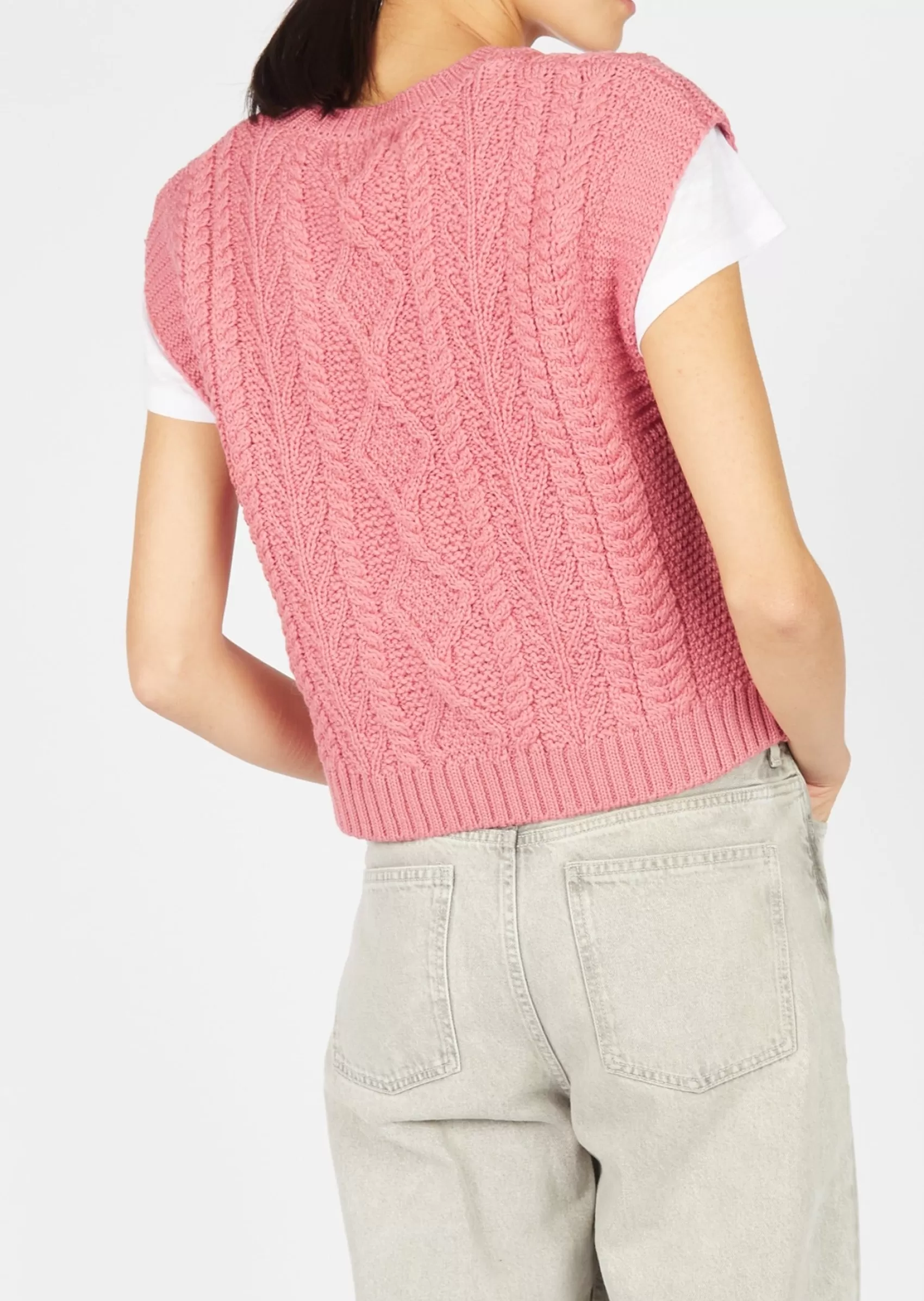 Aran Sweaters^Irelands Eye Knitwear IrelandsEye Women's V Neck Aran Vest | Rosa Pink