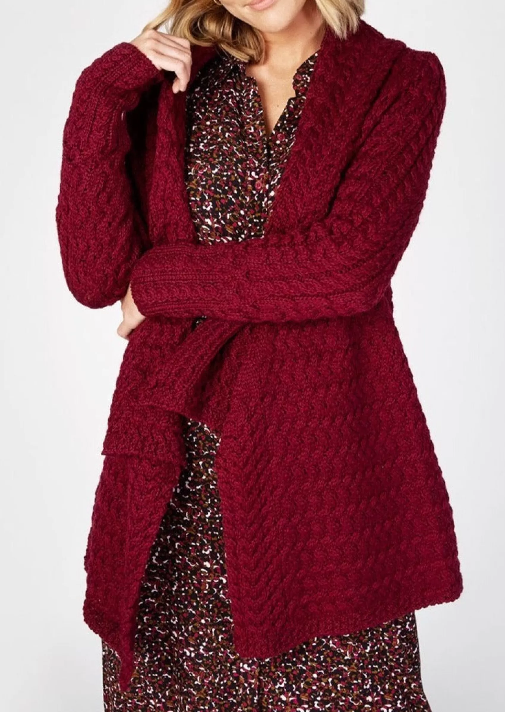 Aran Cardigans^Irelands Eye Knitwear IrelandsEye Women's Waterfall Aran Cardigan | Claret