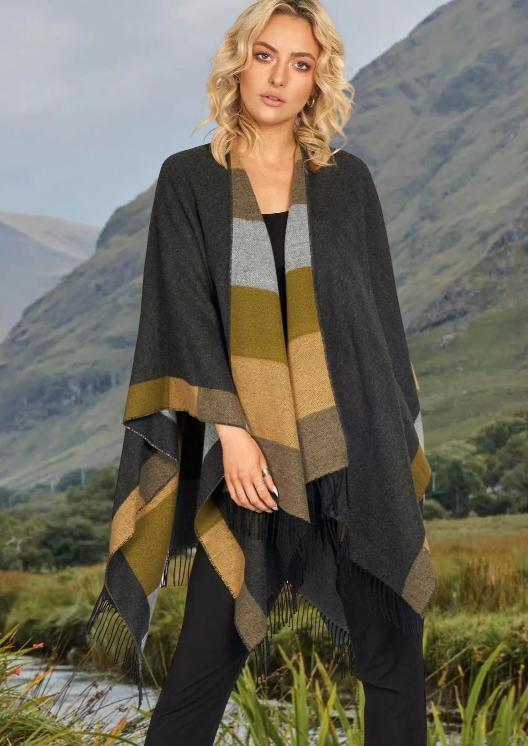 Ponchos / Capes / Shawls^Jimmy Hourihan Fringed Shawl with Coloured Bands