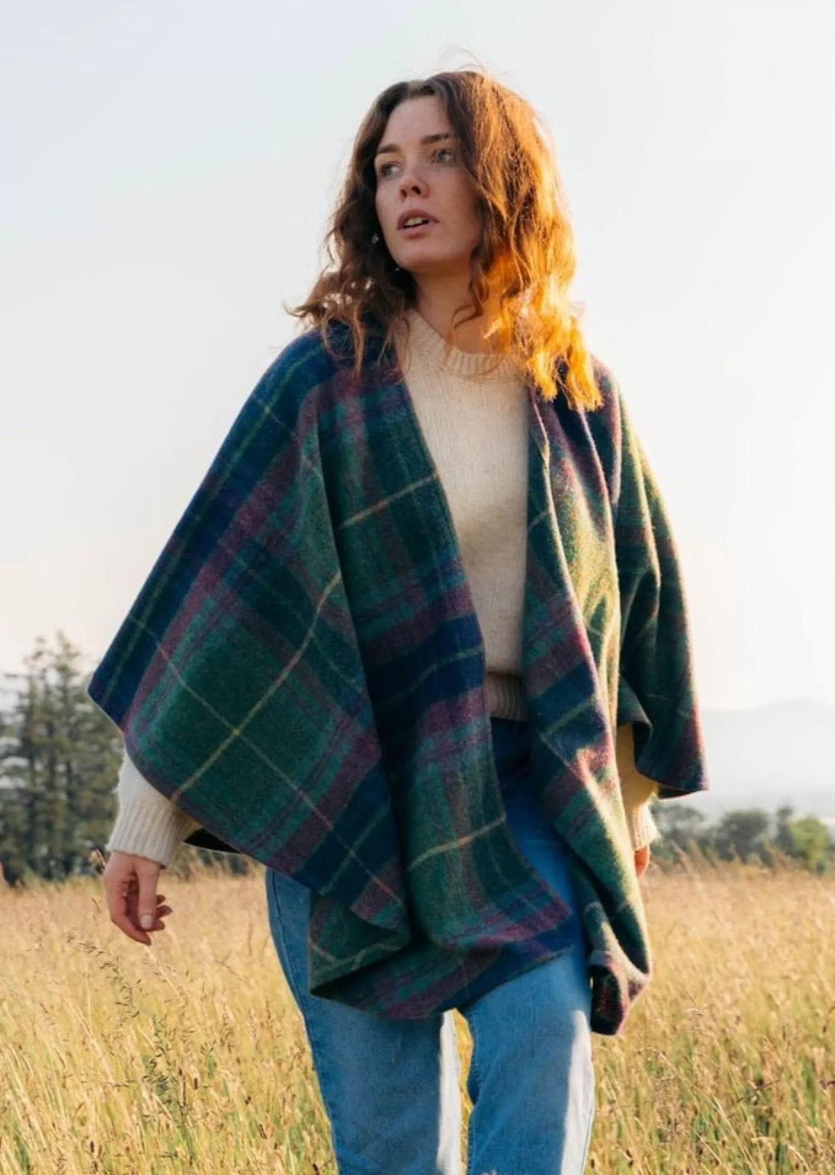 Ponchos / Capes / Shawls^John Hanly Lambswool Cape | Green Navy Purple Plaid