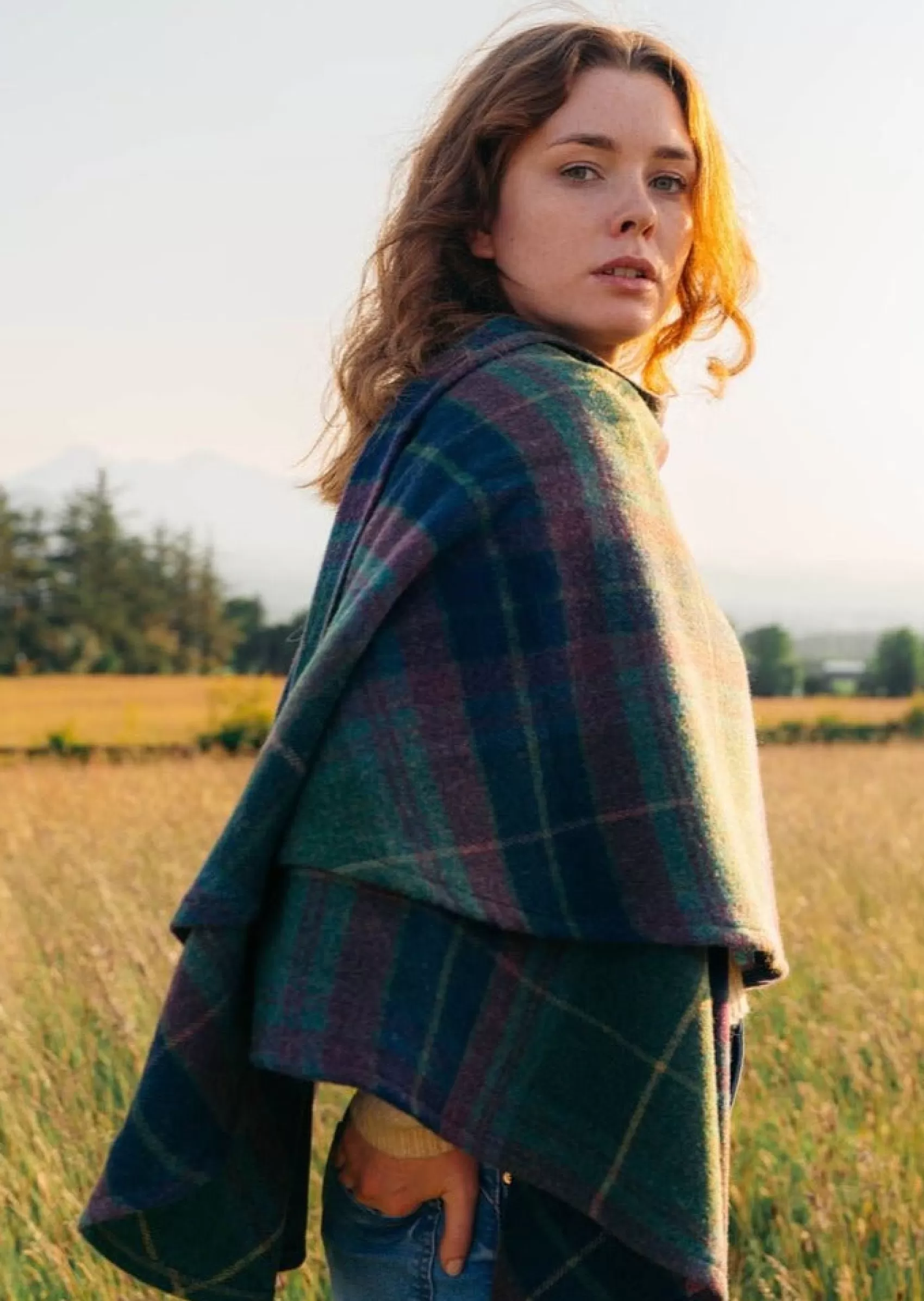 Ponchos / Capes / Shawls^John Hanly Lambswool Cape | Green Navy Purple Plaid