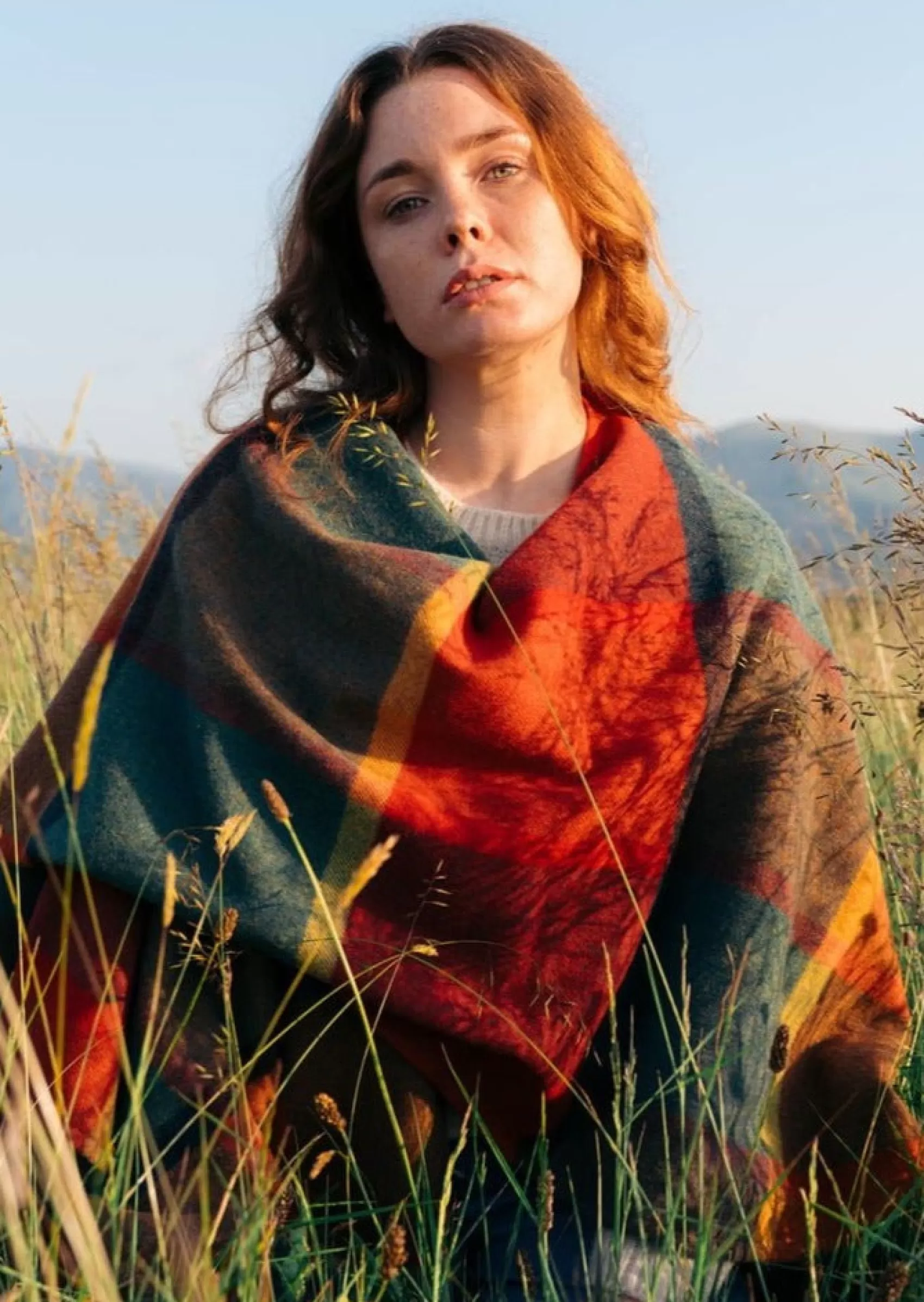 Ponchos / Capes / Shawls^John Hanly Lambswool Cape | Orange Green Yellow Check