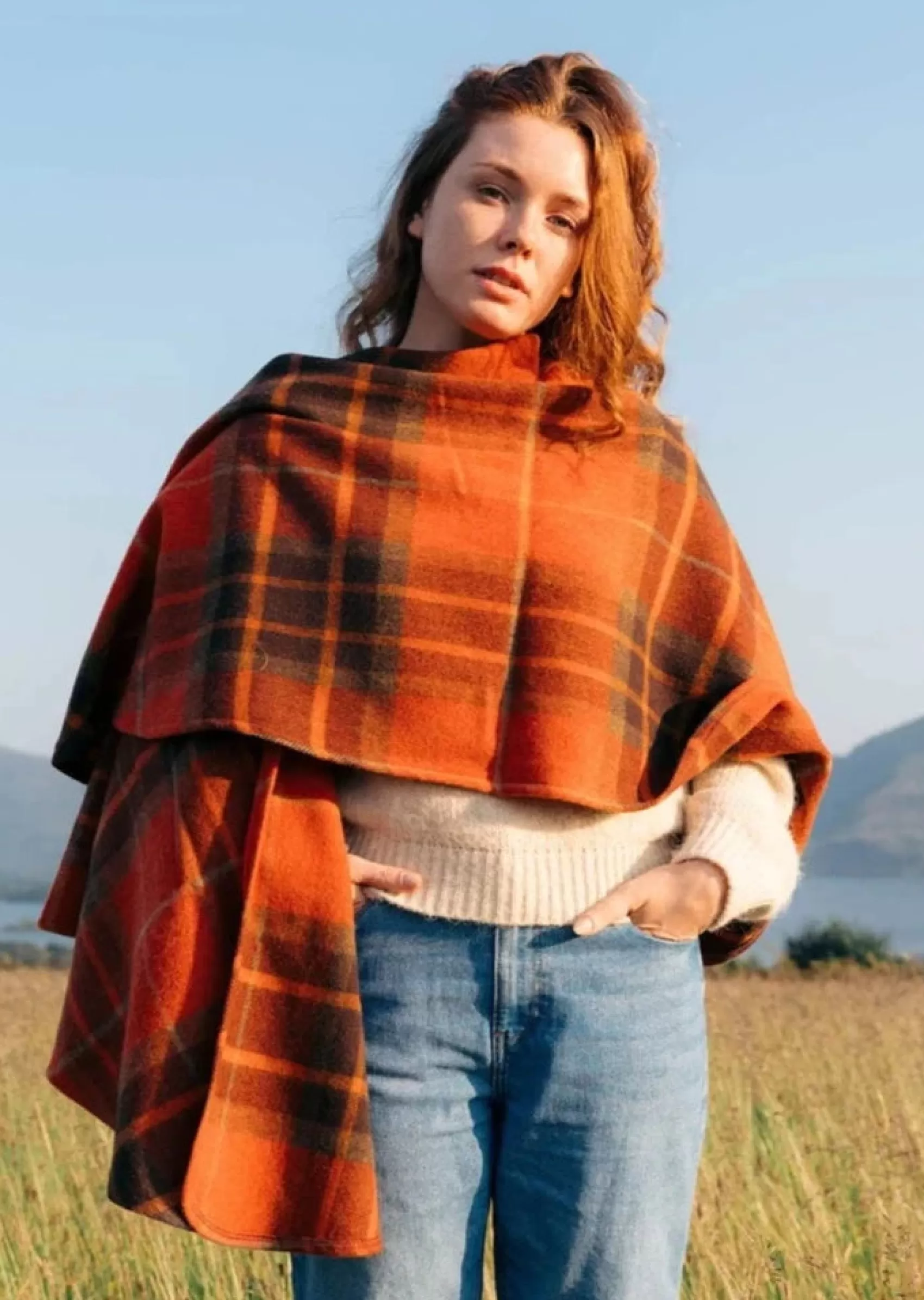 Ponchos / Capes / Shawls^John Hanly Lambswool Cape | Orange Tartan Mix