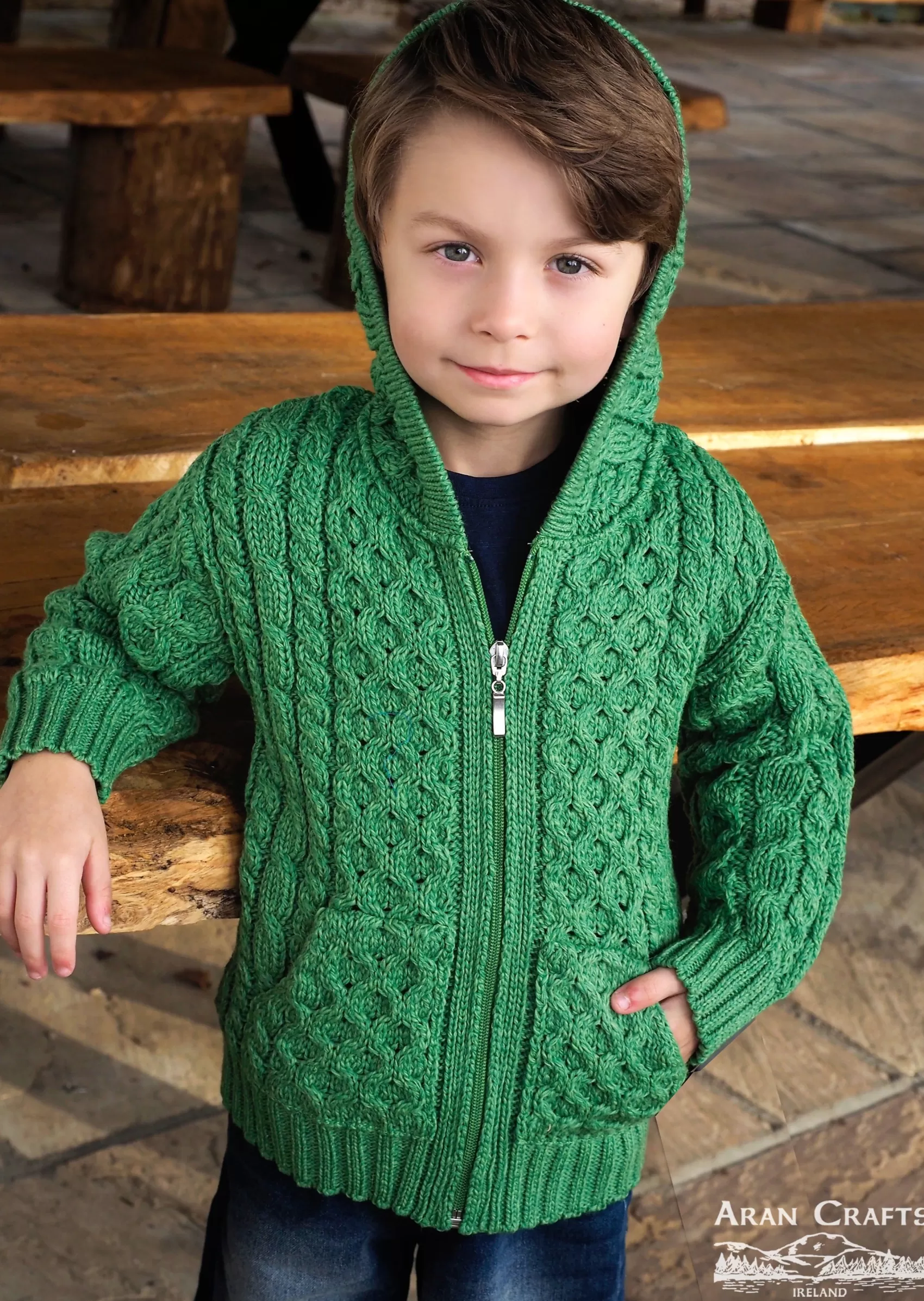 Kids^Aran Crafts Kids Hooded Aran Zip Cardigan | Green