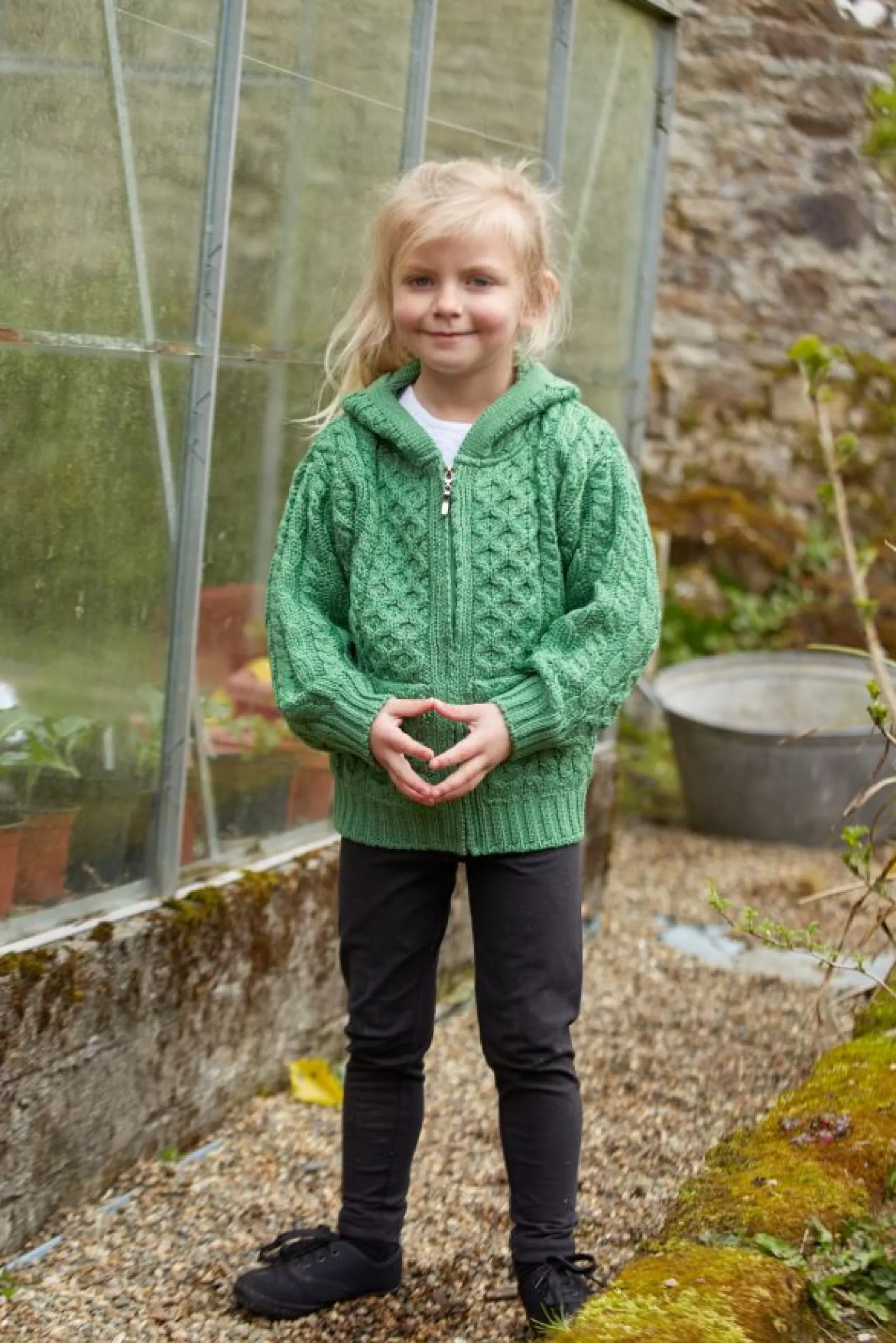 Kids^Aran Crafts Kids Hooded Aran Zip Cardigan | Green