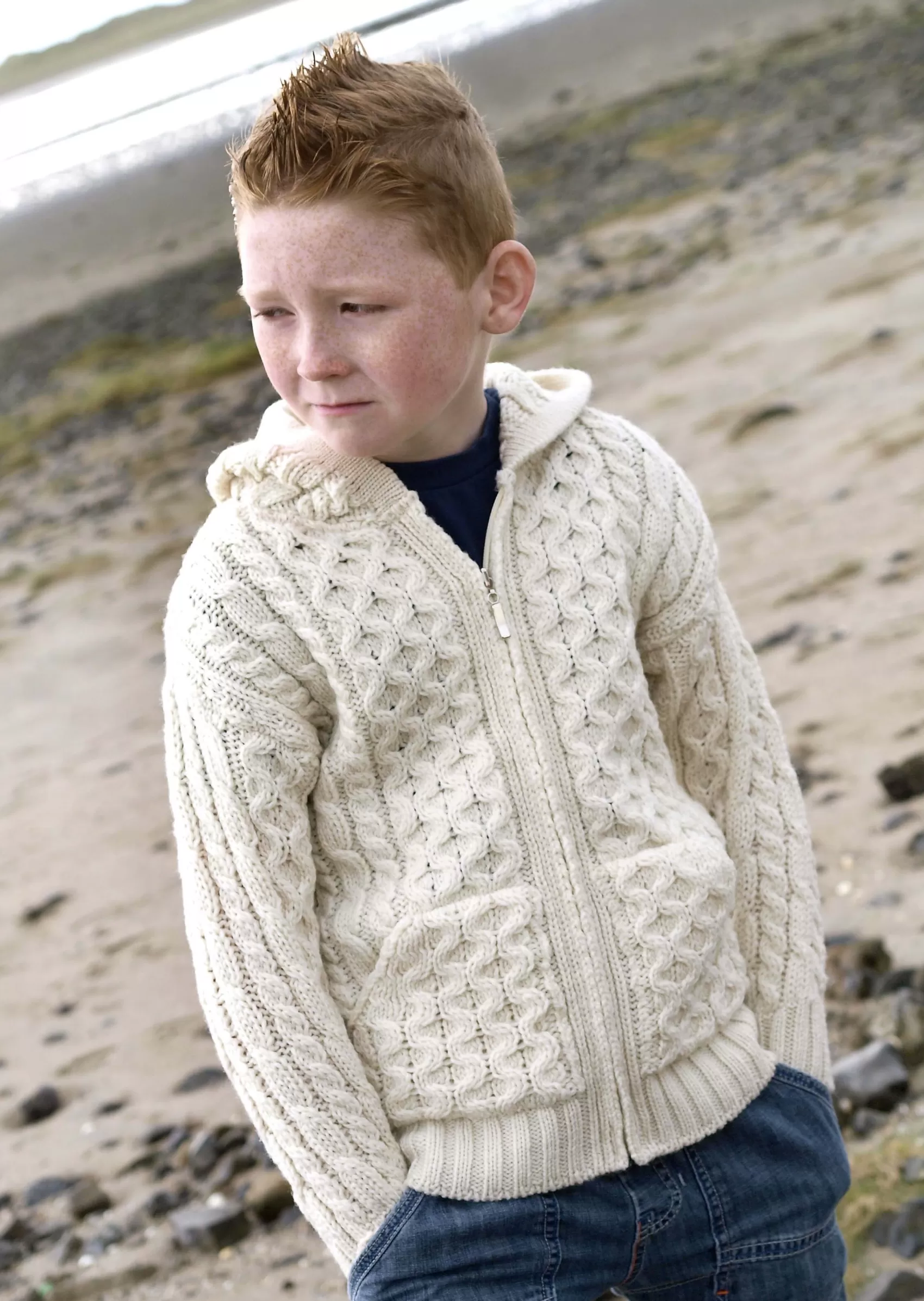 Kids^Aran Crafts Kids Hooded Aran Zip Cardigan | Natural