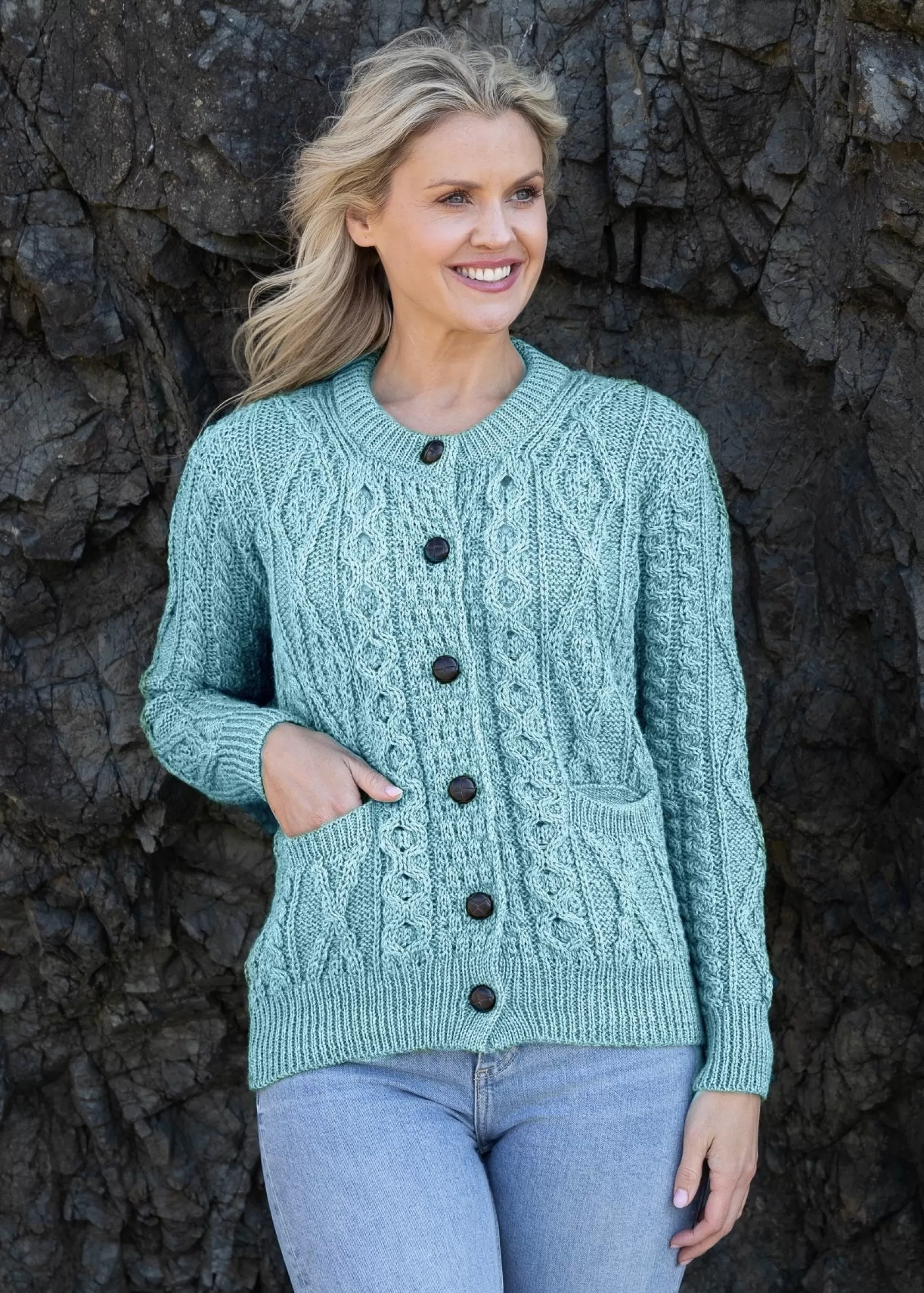 Aran Sweaters | Aran Cardigans^Aran Woollen Mills Ladies Aran Wool Cardigan | Aqua