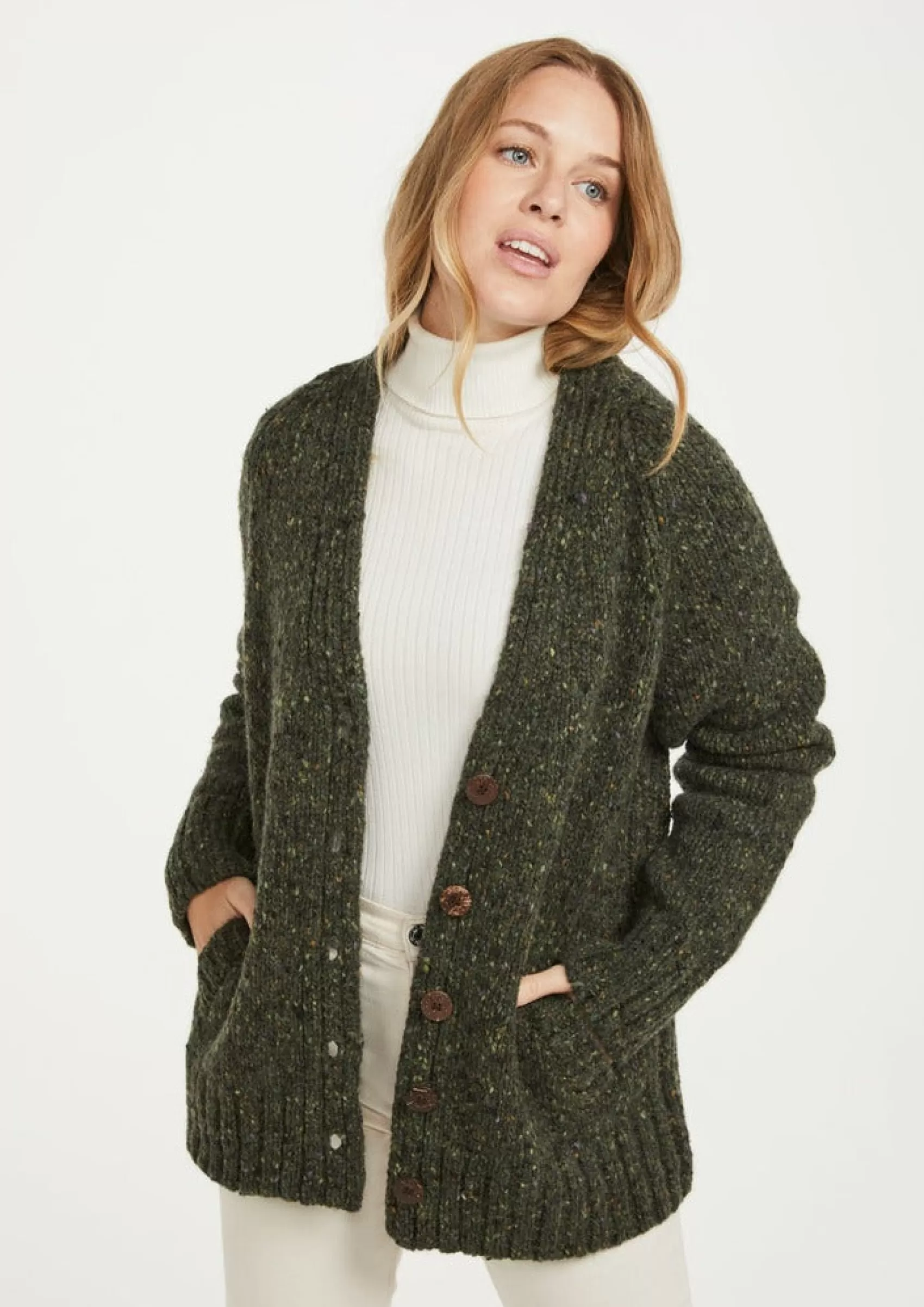 Aran Sweaters | Aran Cardigans^Aran Woollen Mills Ladies' Donegal Cardigan with Side Pockets | Green