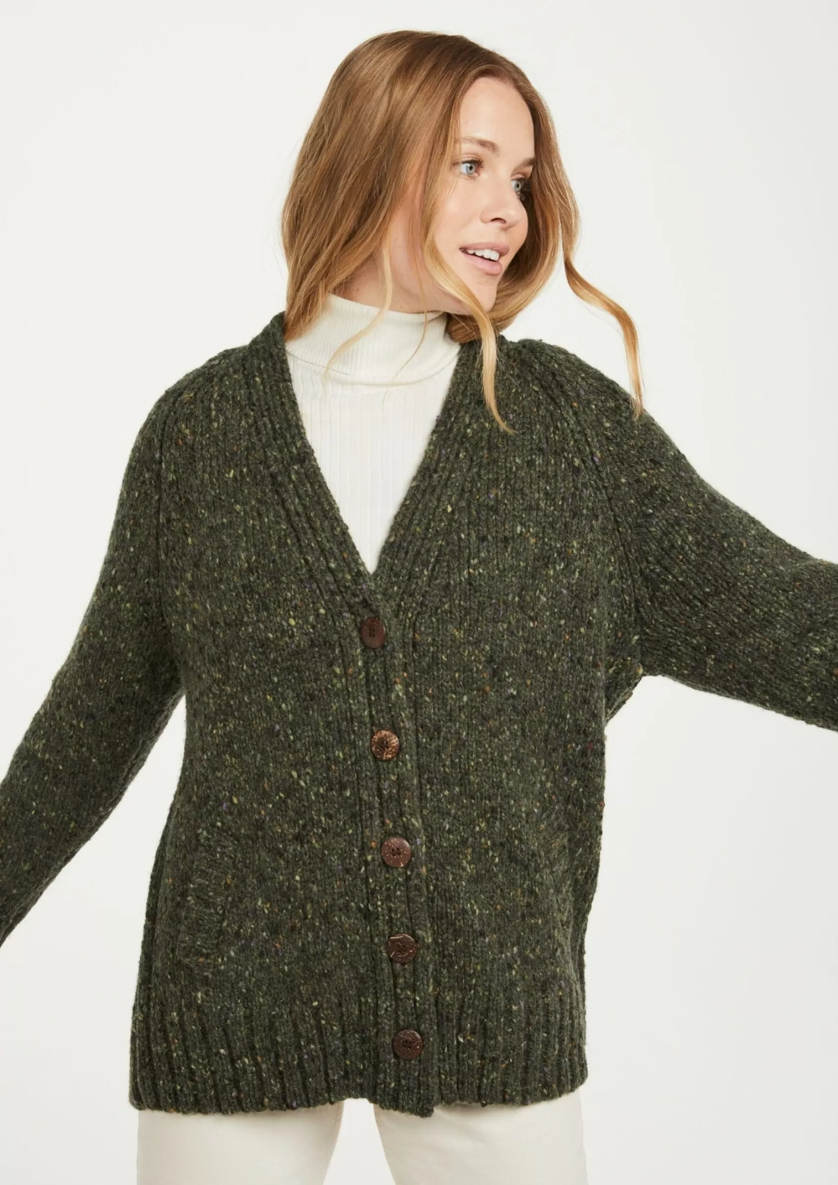 Aran Sweaters | Aran Cardigans^Aran Woollen Mills Ladies' Donegal Cardigan with Side Pockets | Green