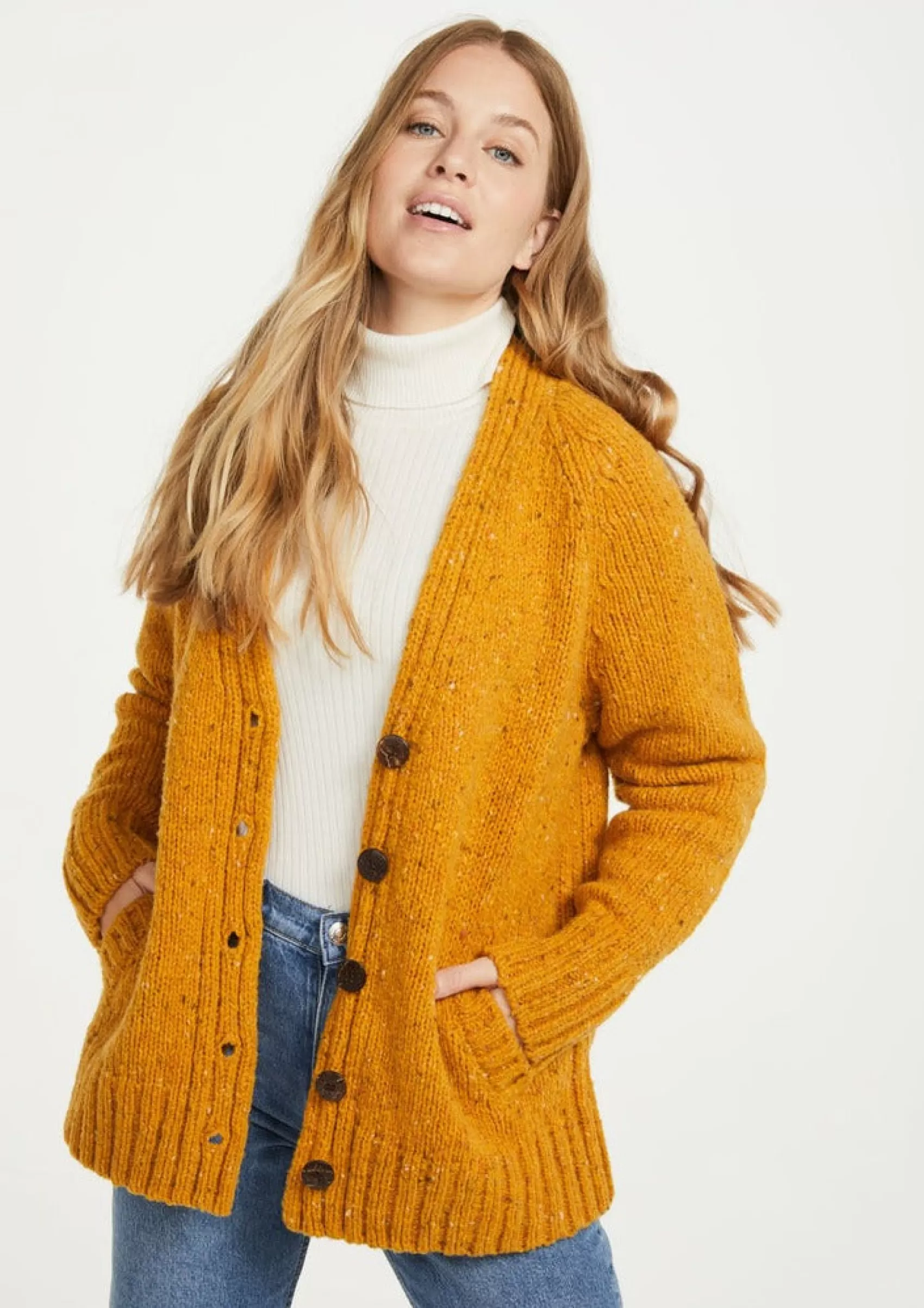 Aran Sweaters | Aran Cardigans^Aran Woollen Mills Ladies' Donegal Cardigan with Side Pockets | Sunflower