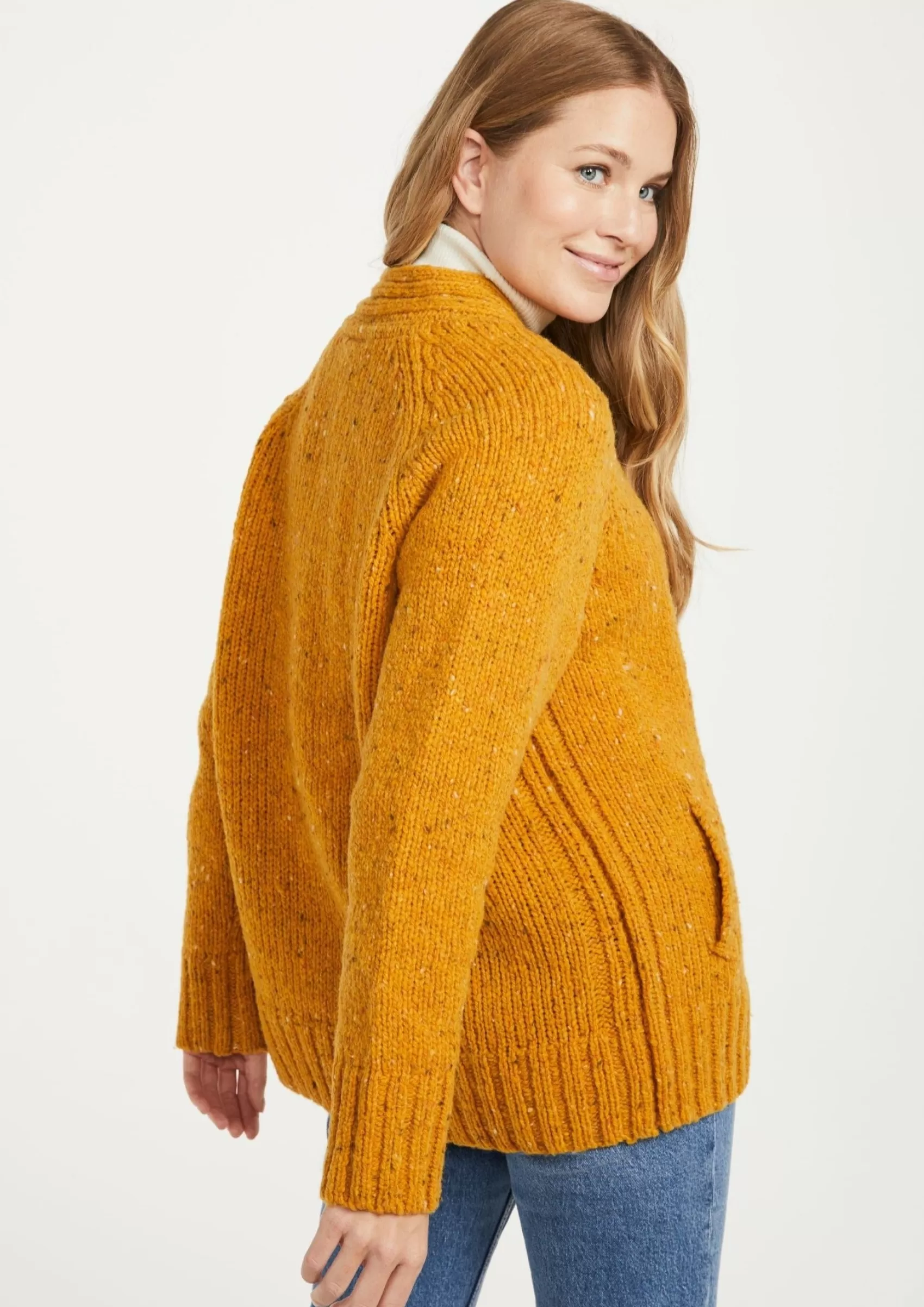 Aran Sweaters | Aran Cardigans^Aran Woollen Mills Ladies' Donegal Cardigan with Side Pockets | Sunflower