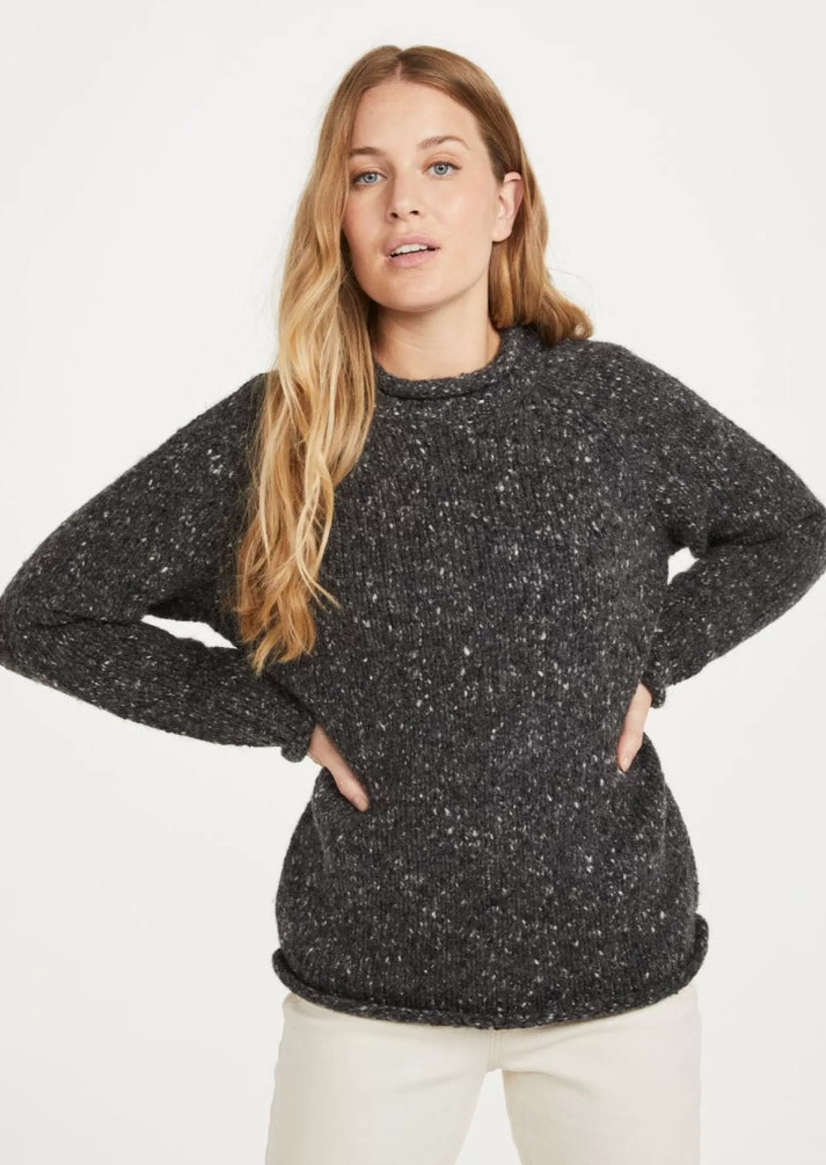 Aran Sweaters^Aran Woollen Mills Ladies Donegal Roll Neck Sweater | Charcoal