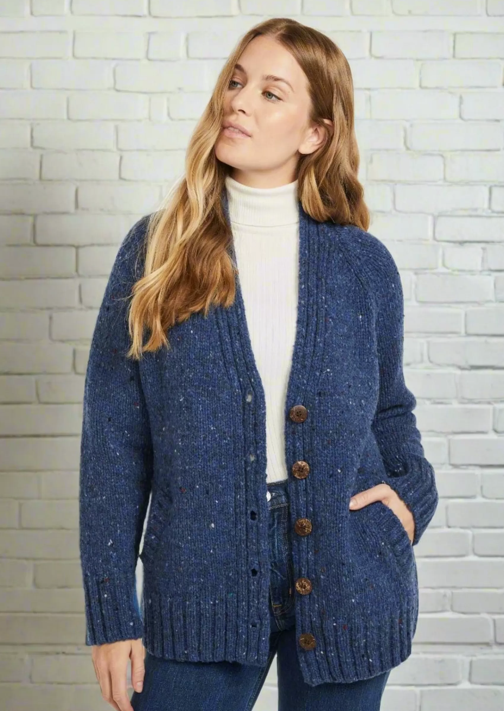 Aran Sweaters | Aran Cardigans^Aran Woollen Mills Ladies' Donegal Side Pocket Cardigan | Blue