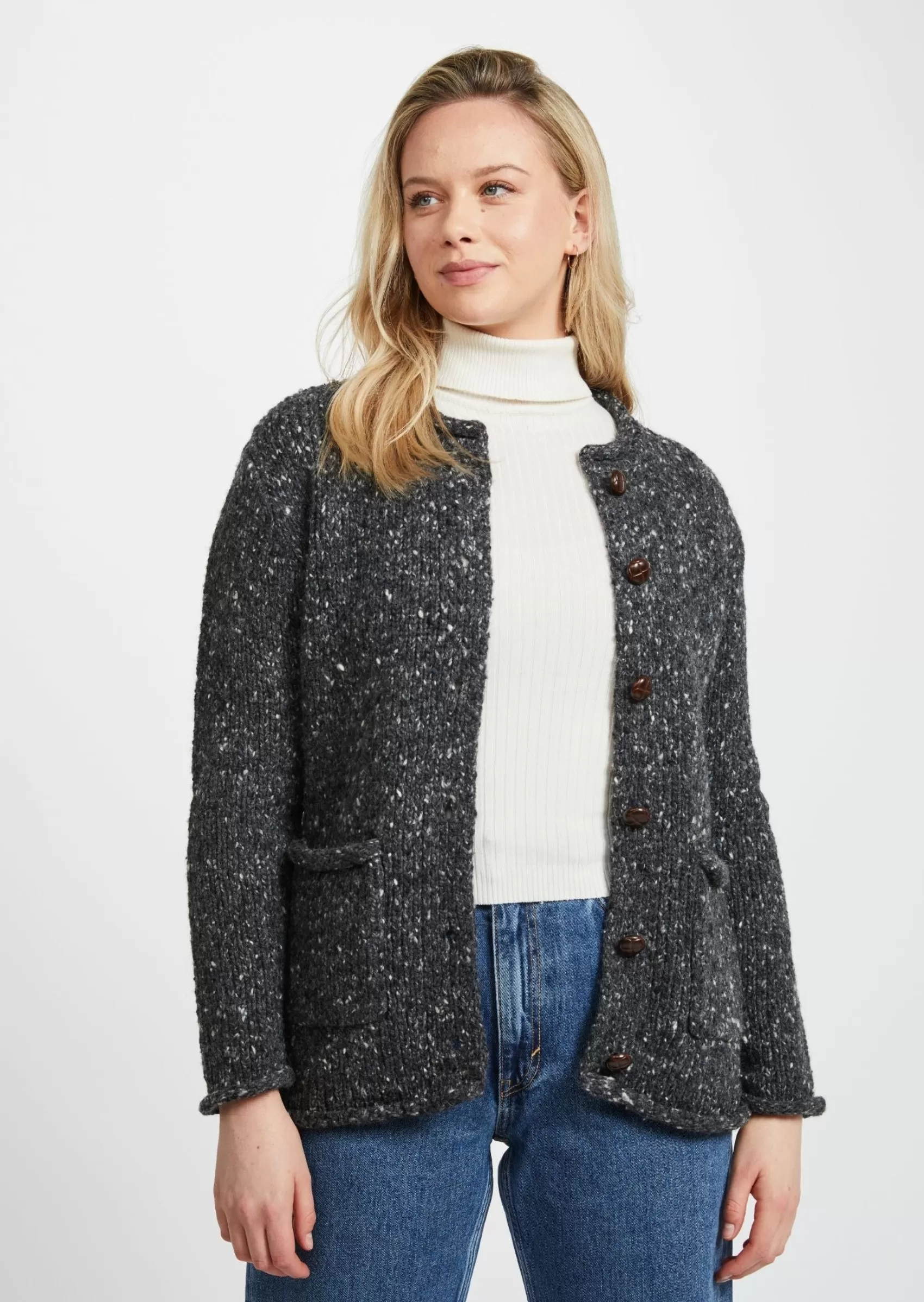 Aran Sweaters | Aran Cardigans^Aran Woollen Mills Ladies Donegal Wool Cardigan | Charcoal