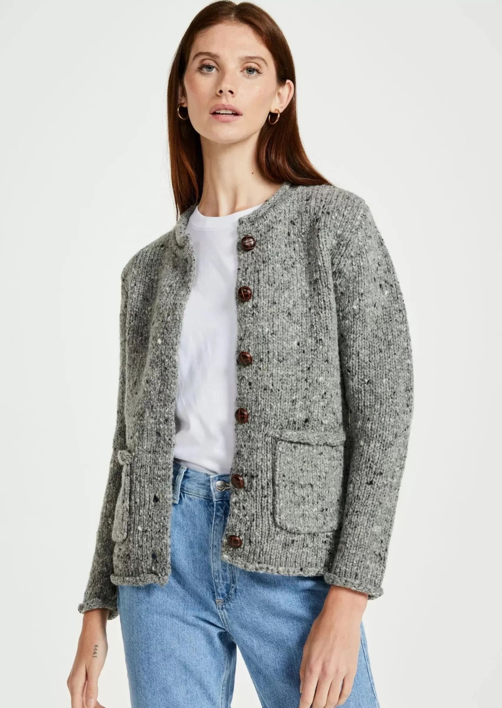 Aran Sweaters | Aran Cardigans^Aran Woollen Mills Ladies Donegal Wool Cardigan | Grey