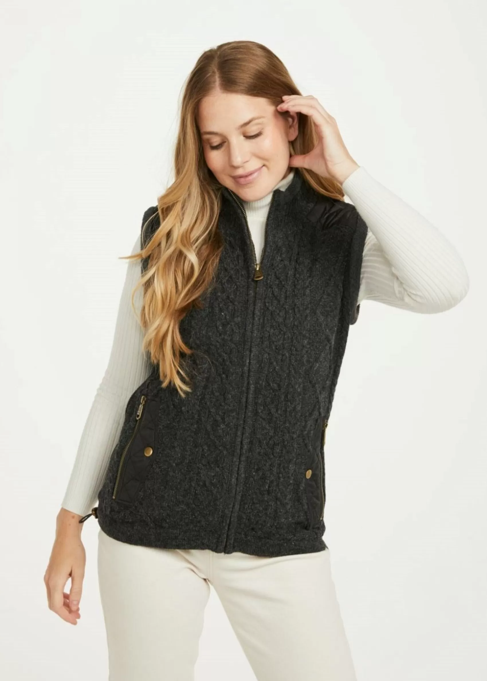 Aran Sweaters | Aran Cardigans^Aran Woollen Mills Ladies Gilet with Fleece Collar | Charcoal