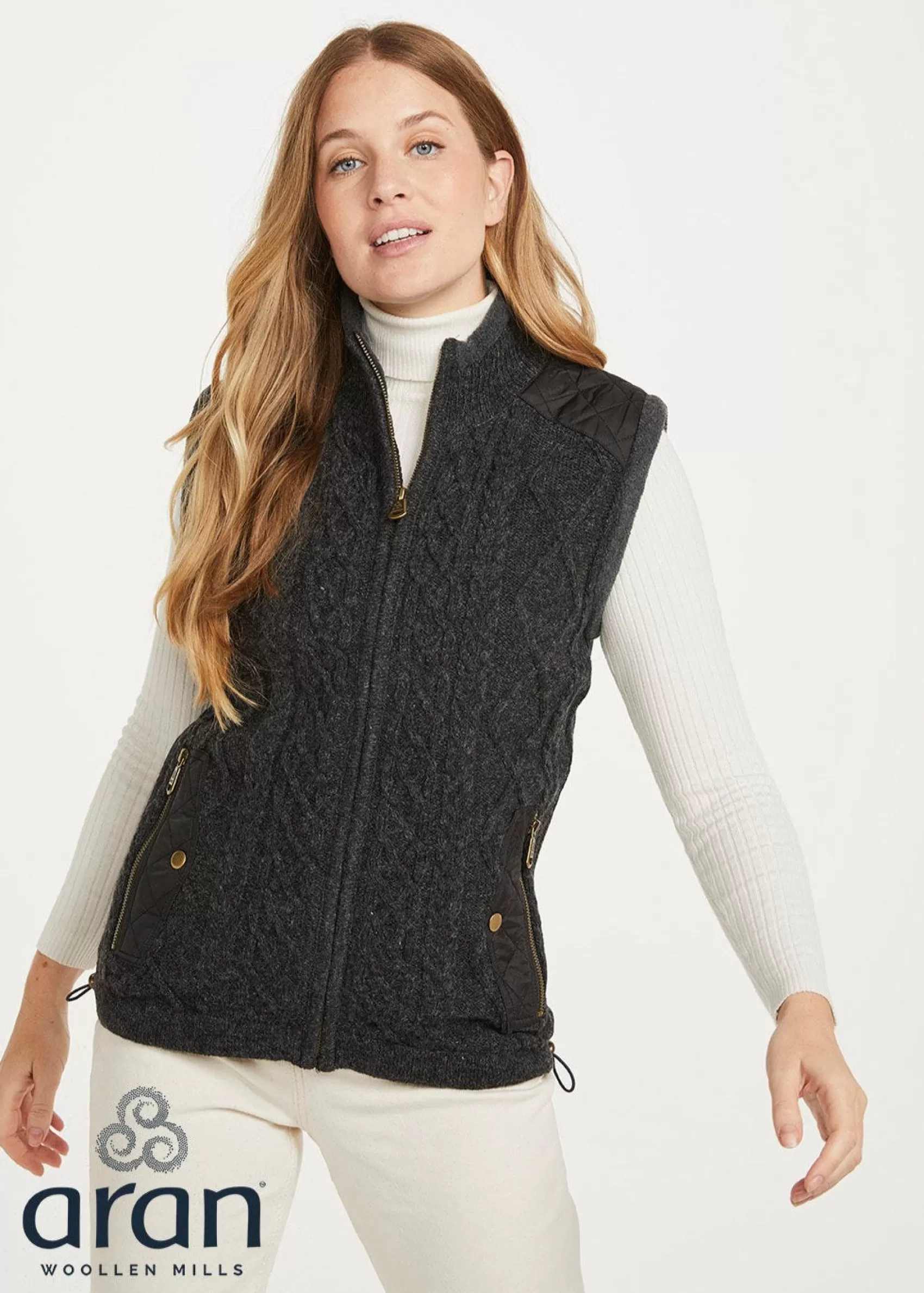 Aran Sweaters | Aran Cardigans^Aran Woollen Mills Ladies Gilet with Fleece Collar | Charcoal