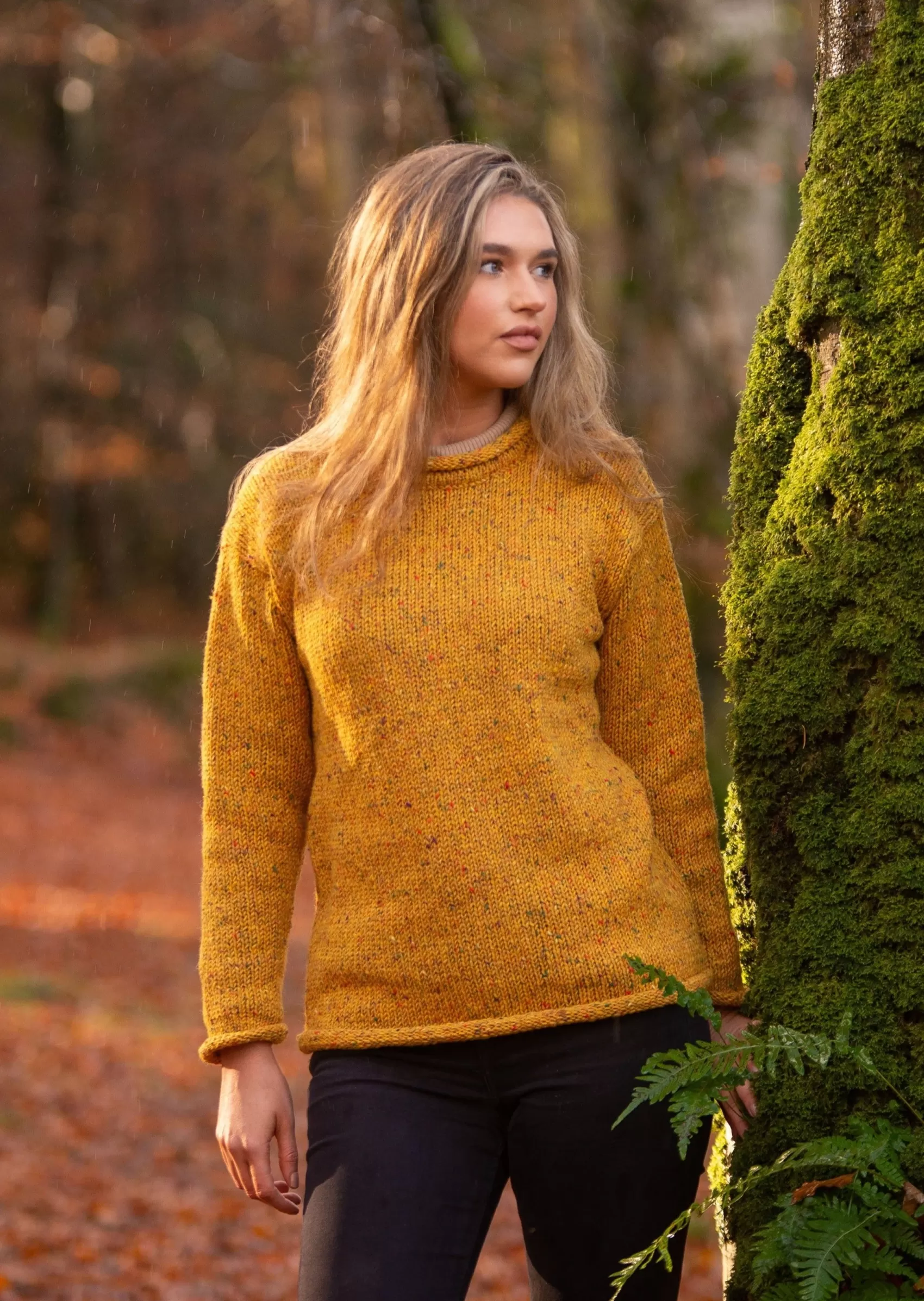 Aran Sweaters^Rossan Knitwear Ladies Roll Neck Sweater | Mustard