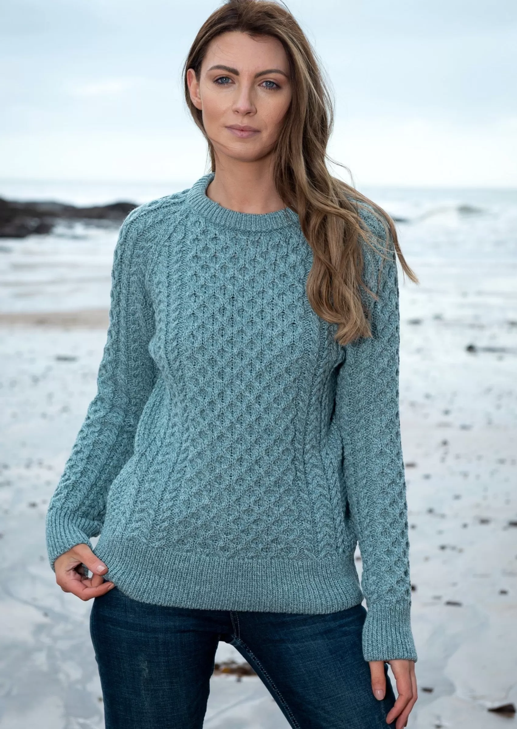 Aran Sweaters^Original Aran Company Ladies Slim-Fit Aran Sweater | Aqua