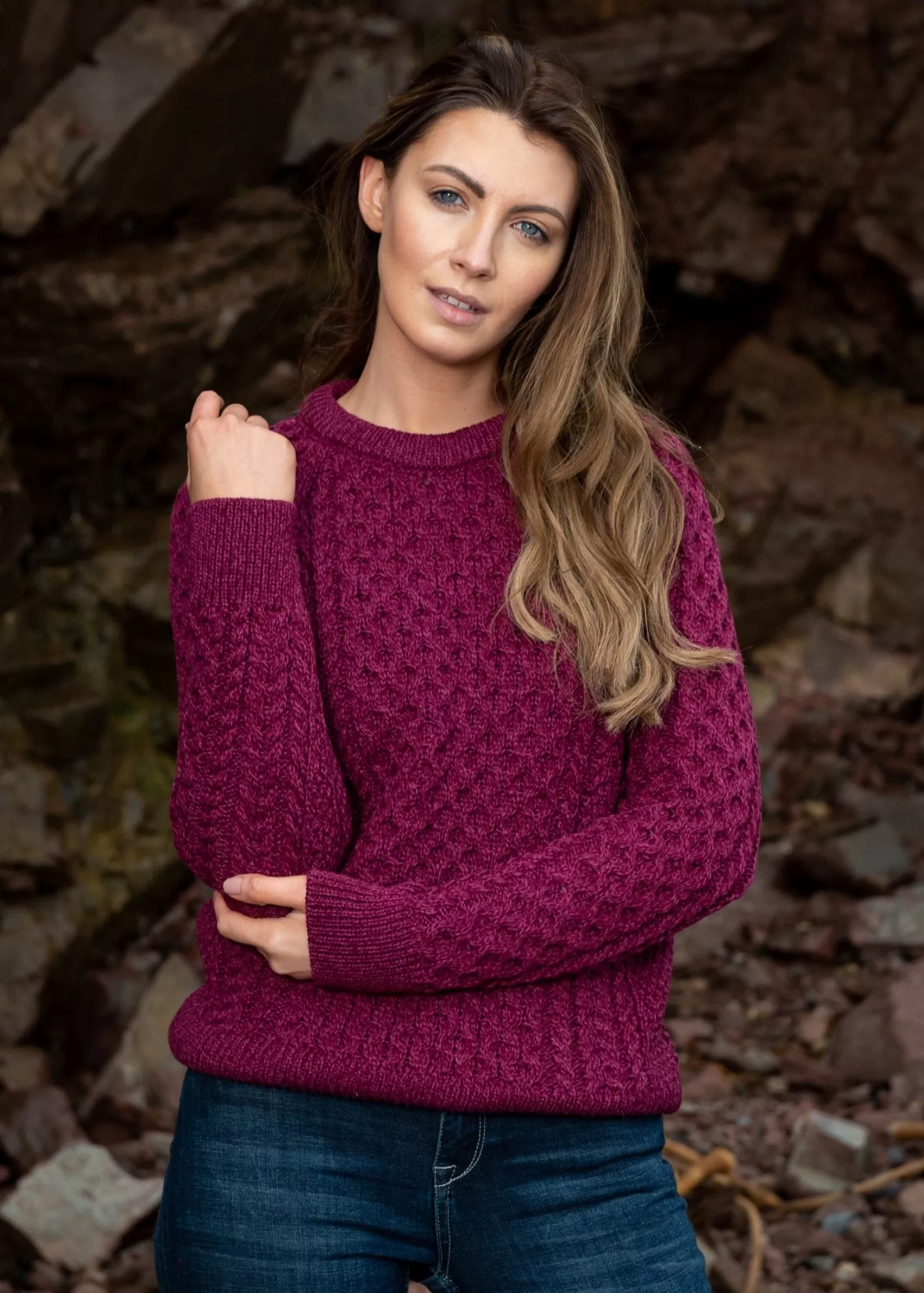 Aran Sweaters^Original Aran Company Ladies Slim-Fit Aran Sweater | Raspberry